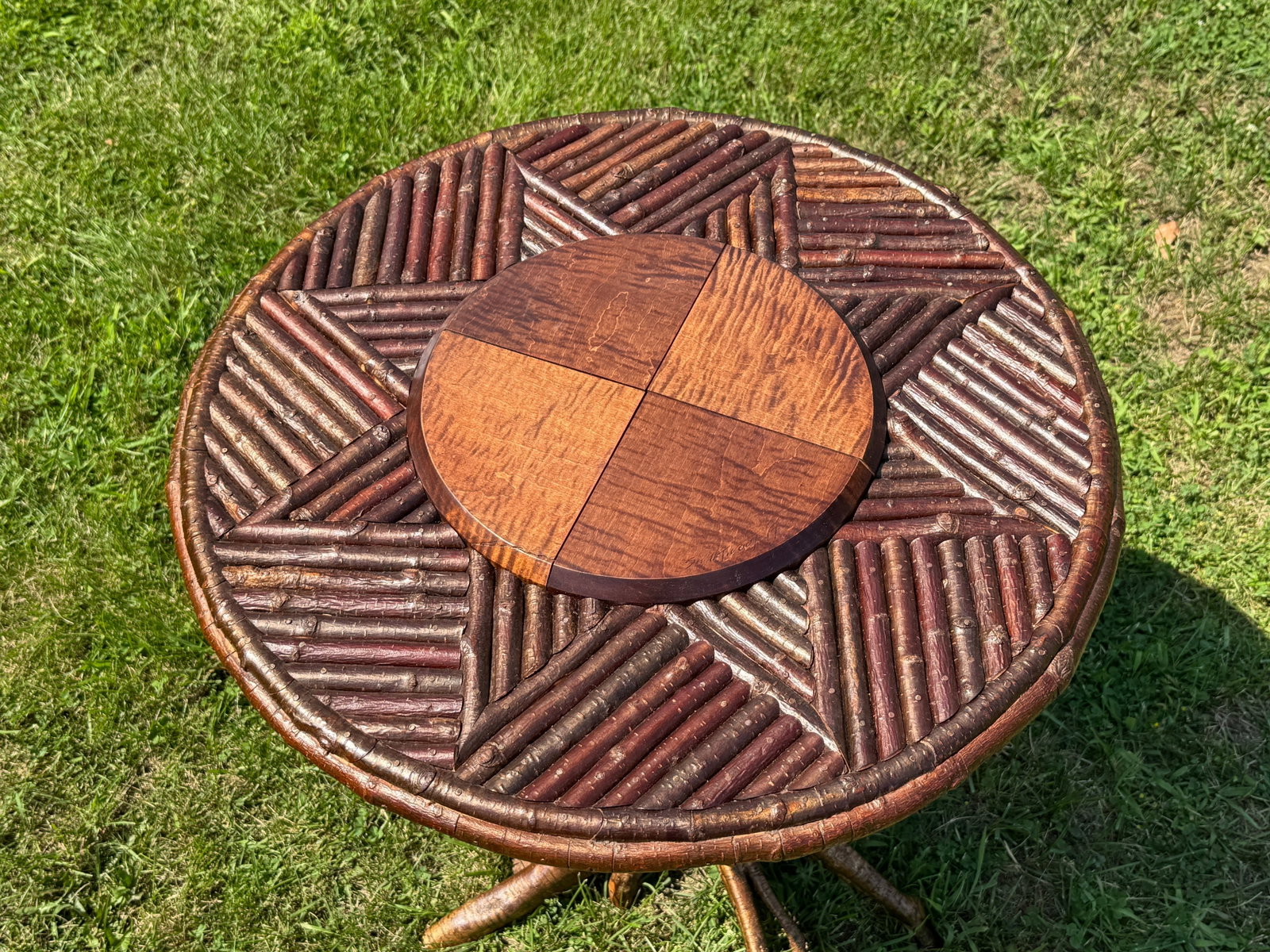 Jonathan Swartwort Adk Mosaic Root Base Table: 25" diameter top x 27.5" tall. Top is made out of mosaic twigs and curly maple. Signed and dated 2017.