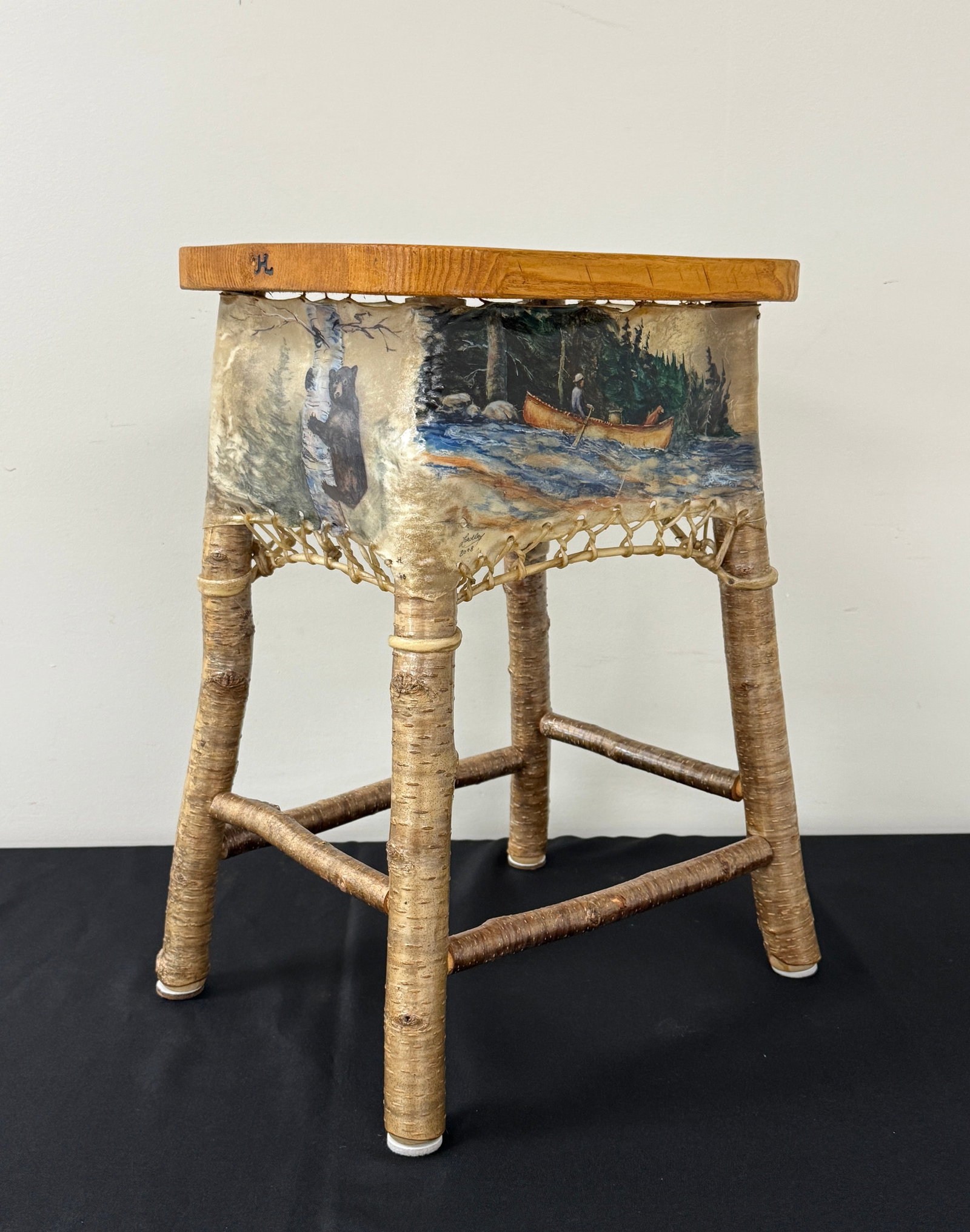 Jack Leadley Adirondack Handpainted Stand: made in 2008, hand painted Adirondack scenes on all four sides. Yellow birch legs, pine top. 20" tall x 14" x 11.5". Speculator, NY.