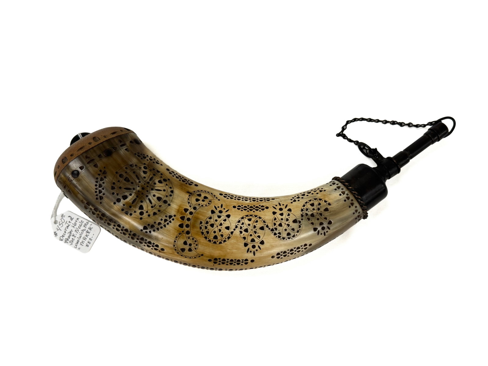 Custom Powder Horn by Joe Neale: Woolwich, Maine. Intricately carved and very well made.