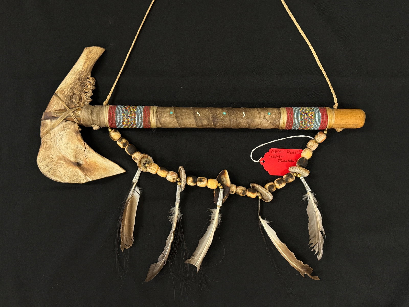 Great Plains Indian Tomahawk w/ Beaded Handle: jaw bone blade. 20.5" long.