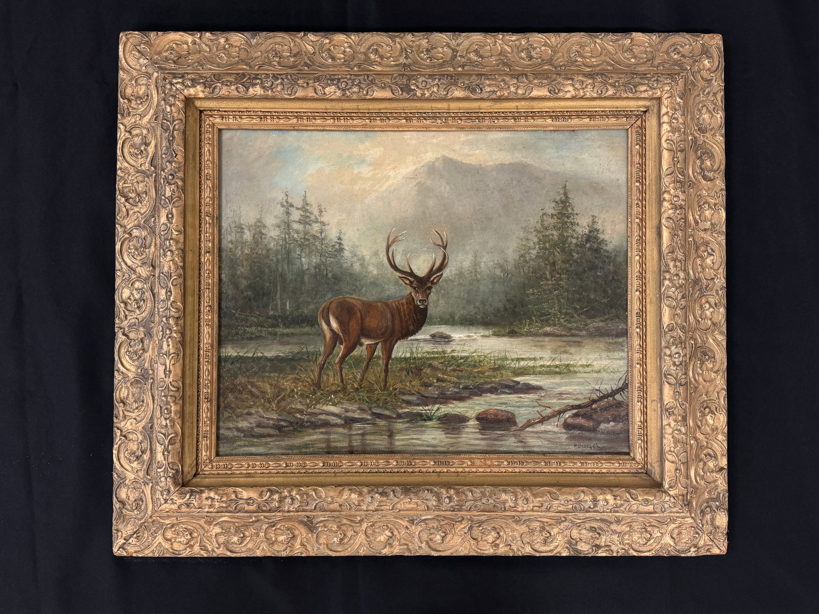 Henry Duessel Oil Painting of Deer: oil on canvas. Late 1800s. 25" x 29"