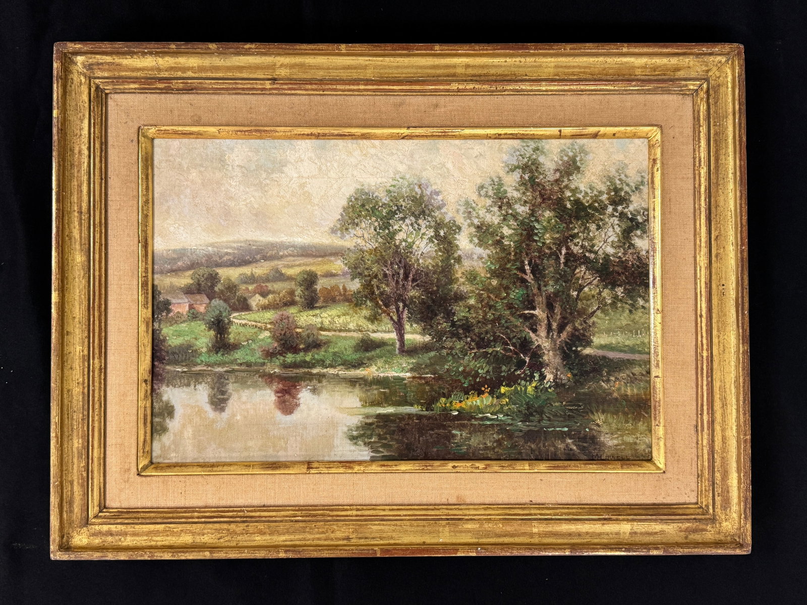 M.H. Lowell Oil Painting River Scene: signed lower right, oil on canvas. 23" x 17". In a gold gilt frame.