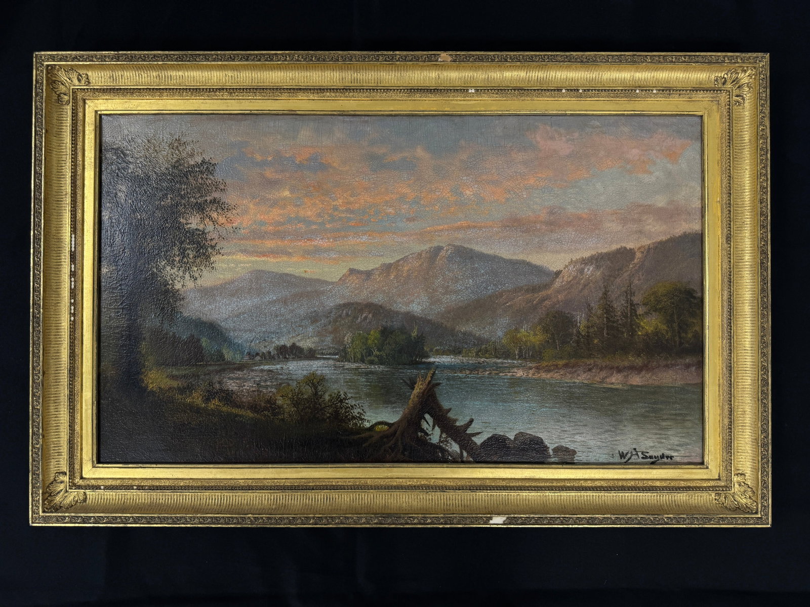 W.A. Snyder Adirondack Oil on Canvas Painting: in gold frame, signed lower right. some crackling to paint. 38.5" x 25"