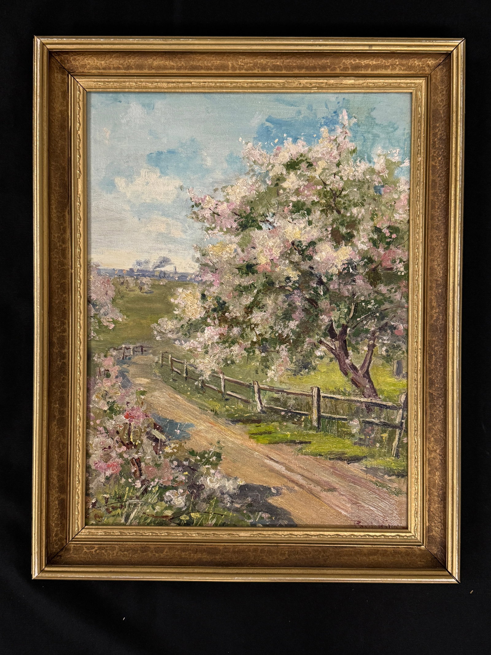 Paul King Oil Painting w/ Apple Blossoms: Buffalo artist. oil on board painting. 16" x 20"
