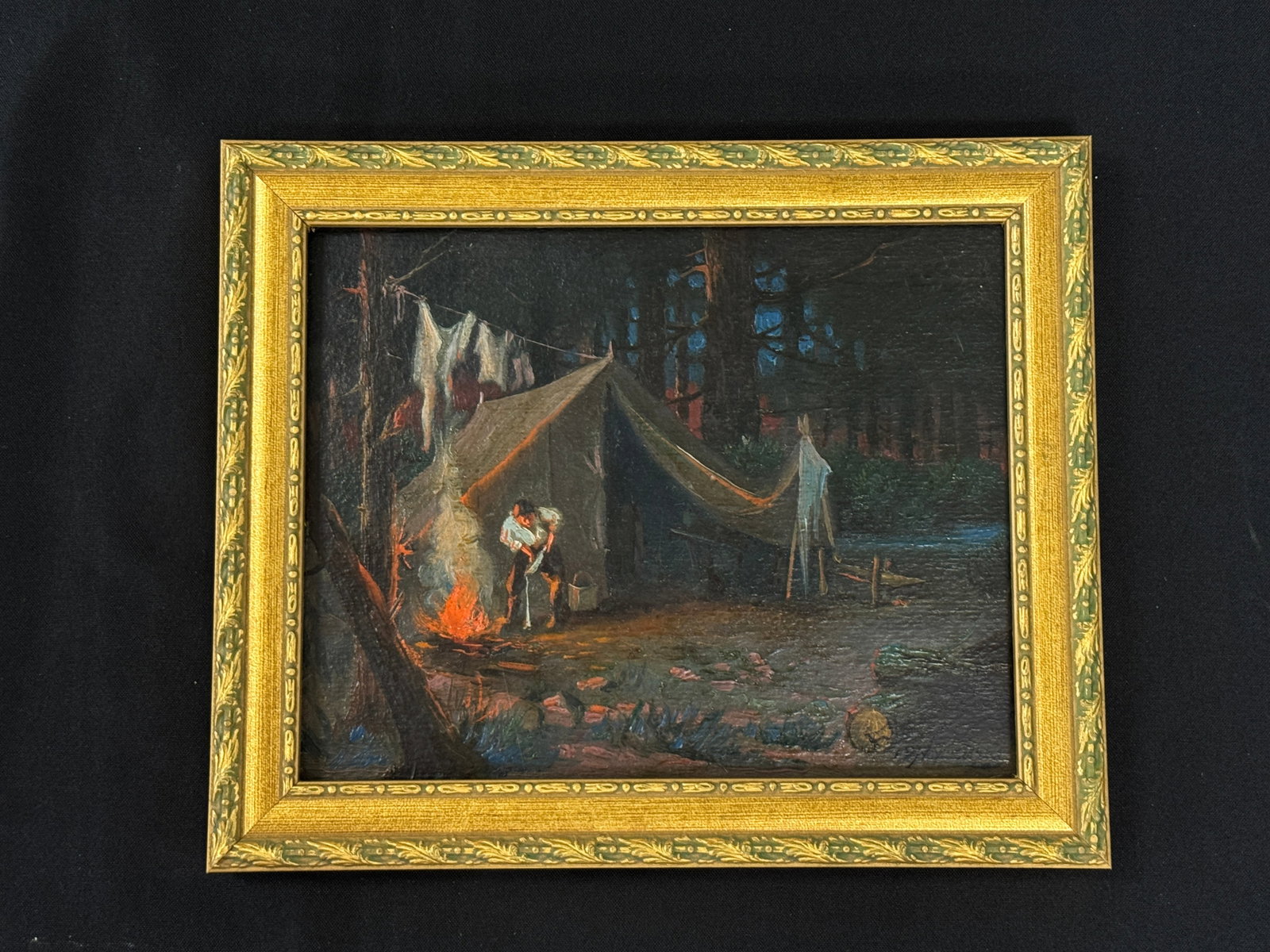L. B. Nowierski Oil Painting Camping Scene: oil on board. 10" x 12"
