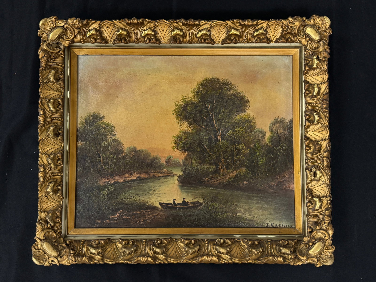 J. Casilear Oil Painting of Fisherman in Boat: oil on canvas. 25" x 21"