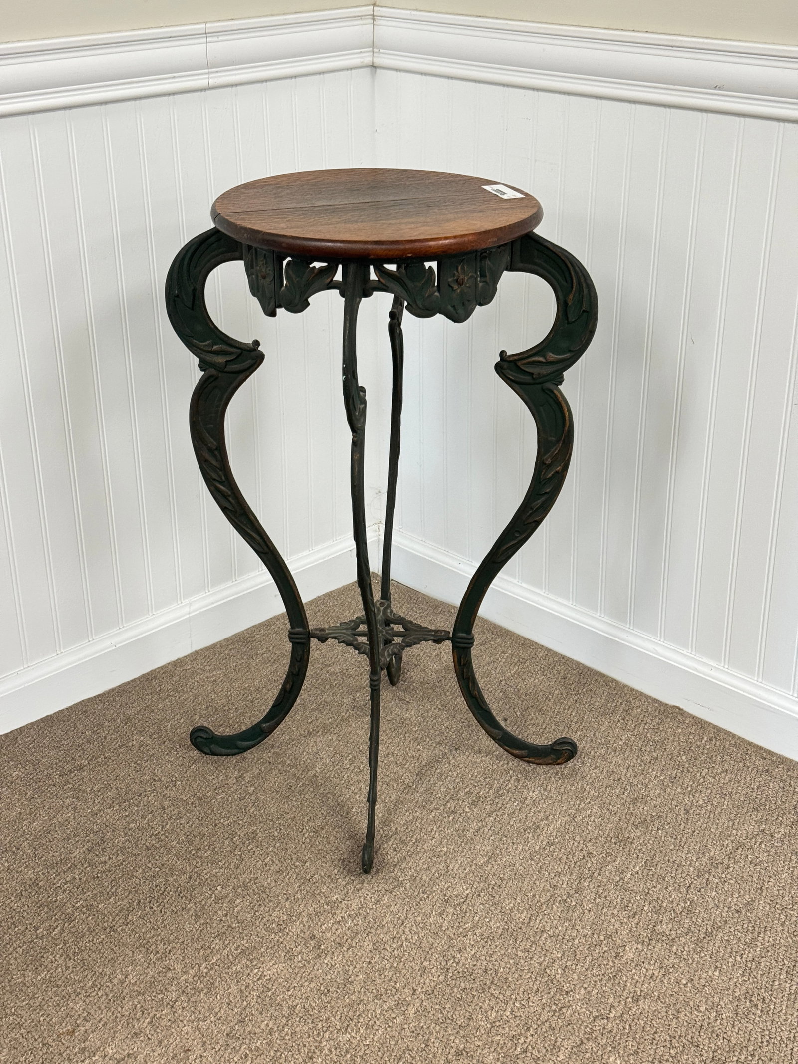 Metal Plant Stand w/ Quarter Sawn Oak Top: 29 1/2" tall x 14" diameter. Water stains on top.