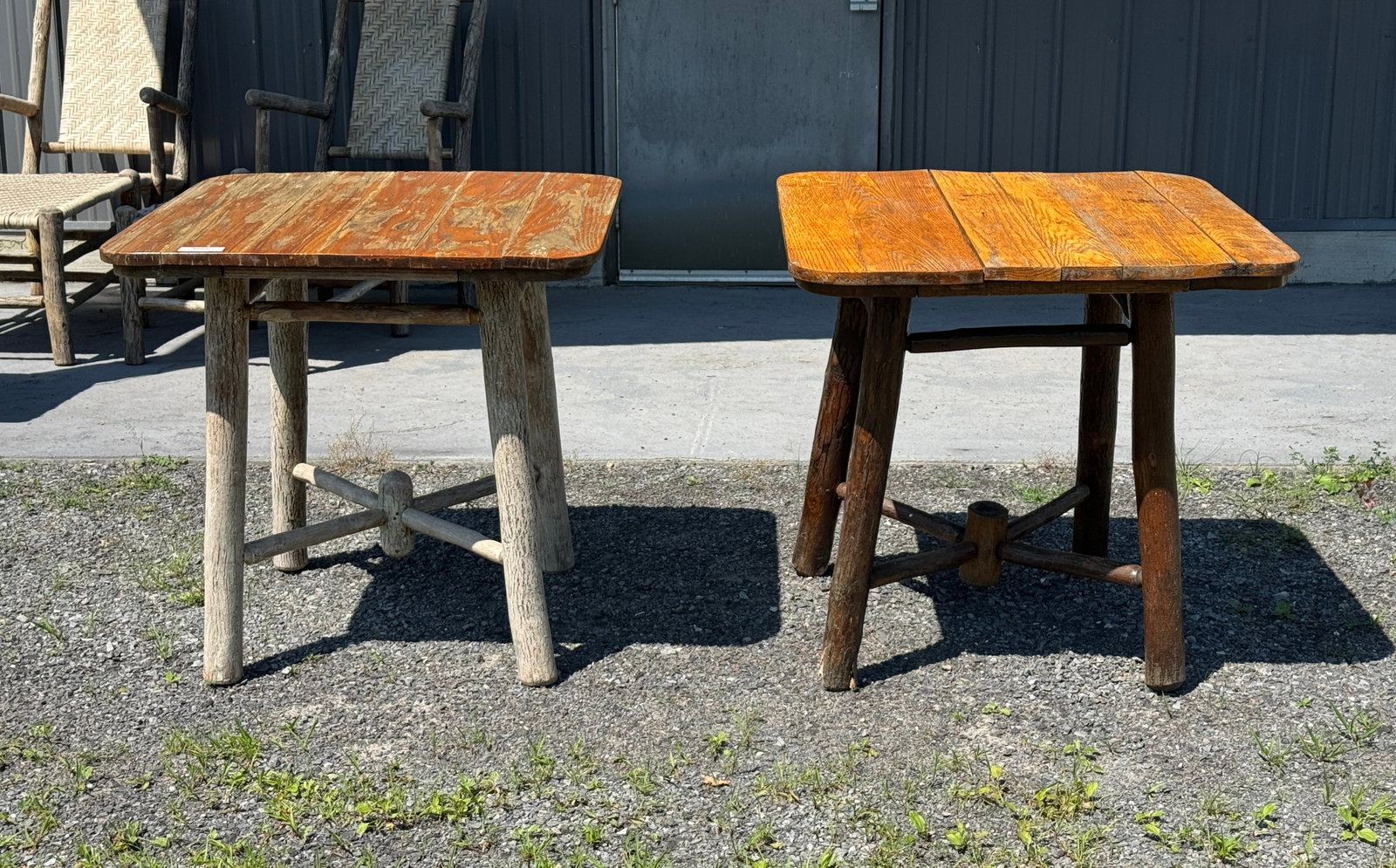 Pair of Old Hickory Branded 30" Square Tables: Circa 1930s. 30" x 30" x 30". Some seam separations and flaking to finish. From Camp Togus, Whitney Park.