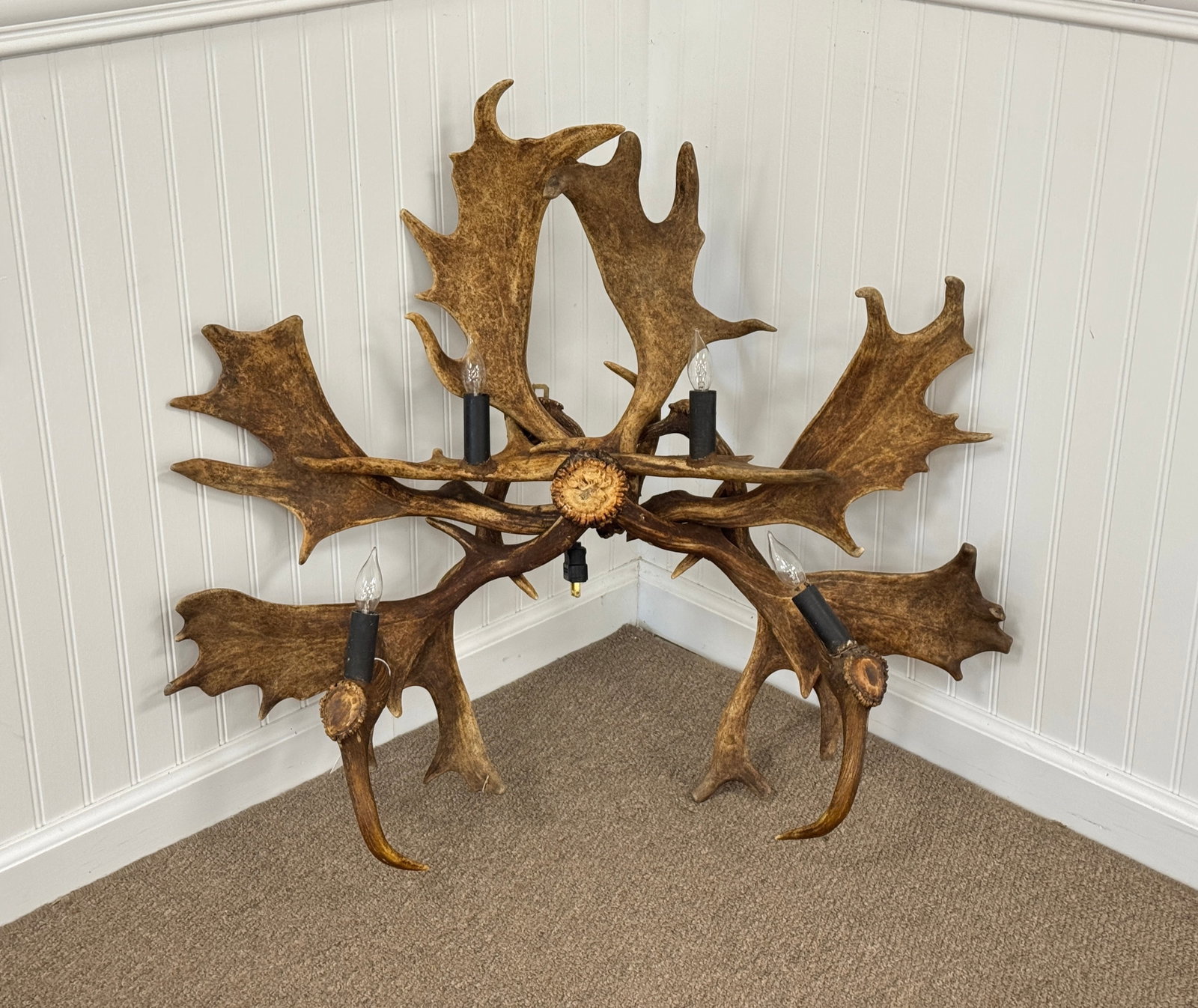 Fallow Deer Wall Light Fixture: 32" wide x 27" tall. With carved moose center medallion.