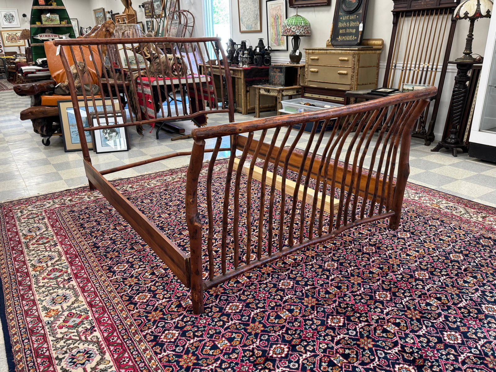 Old Hickory Style Bed: Possibly made by Flat Rock. Headboard is 59" wide. It appears that you may be able to set this bed up using a double or a queen.
