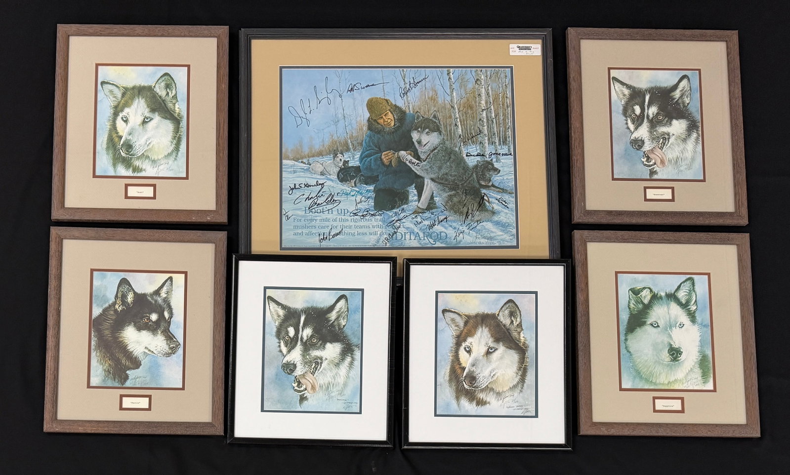 Iditarod Poster Autographed by 1995 Participants: framed and matted. 27" x 23". Also includes: 6 Signed and numbered Iditarod framed dog prints.
