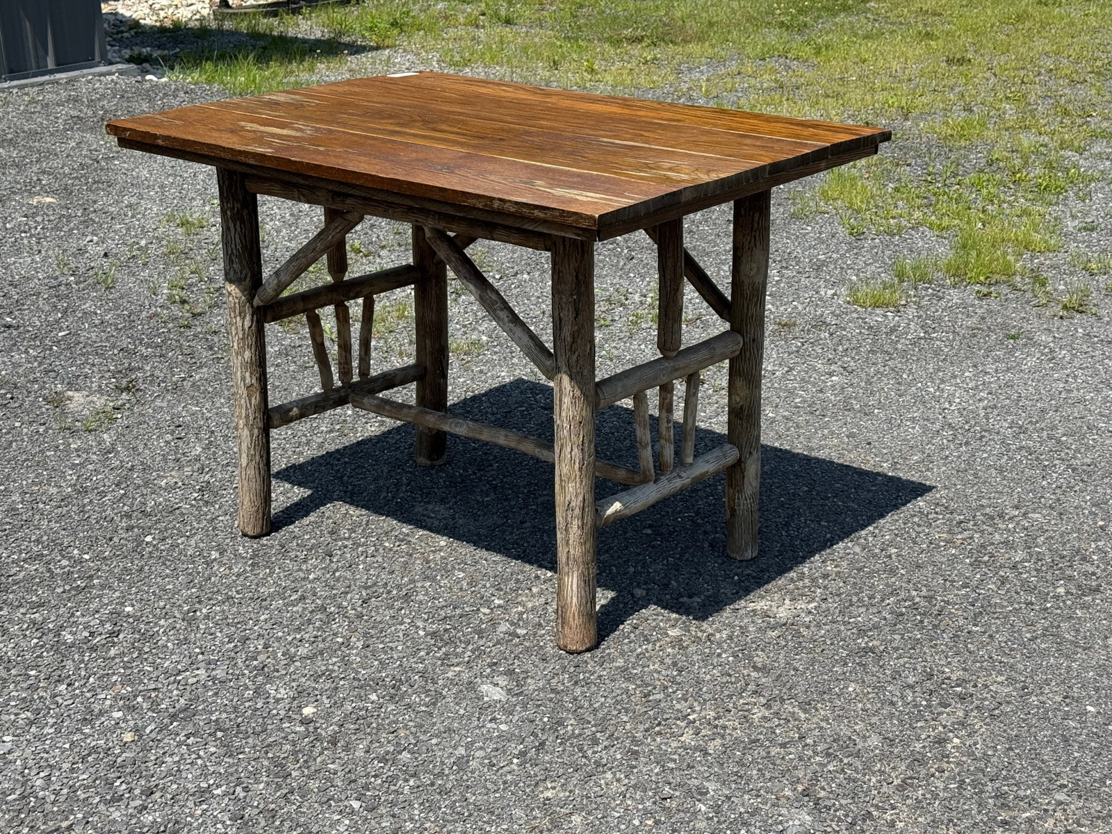 Old Hickory Branded Table with Spindled Ends: Circa 1930. 42" x 30.5" x 30" tall. From Camp Togus, Whitney Park.