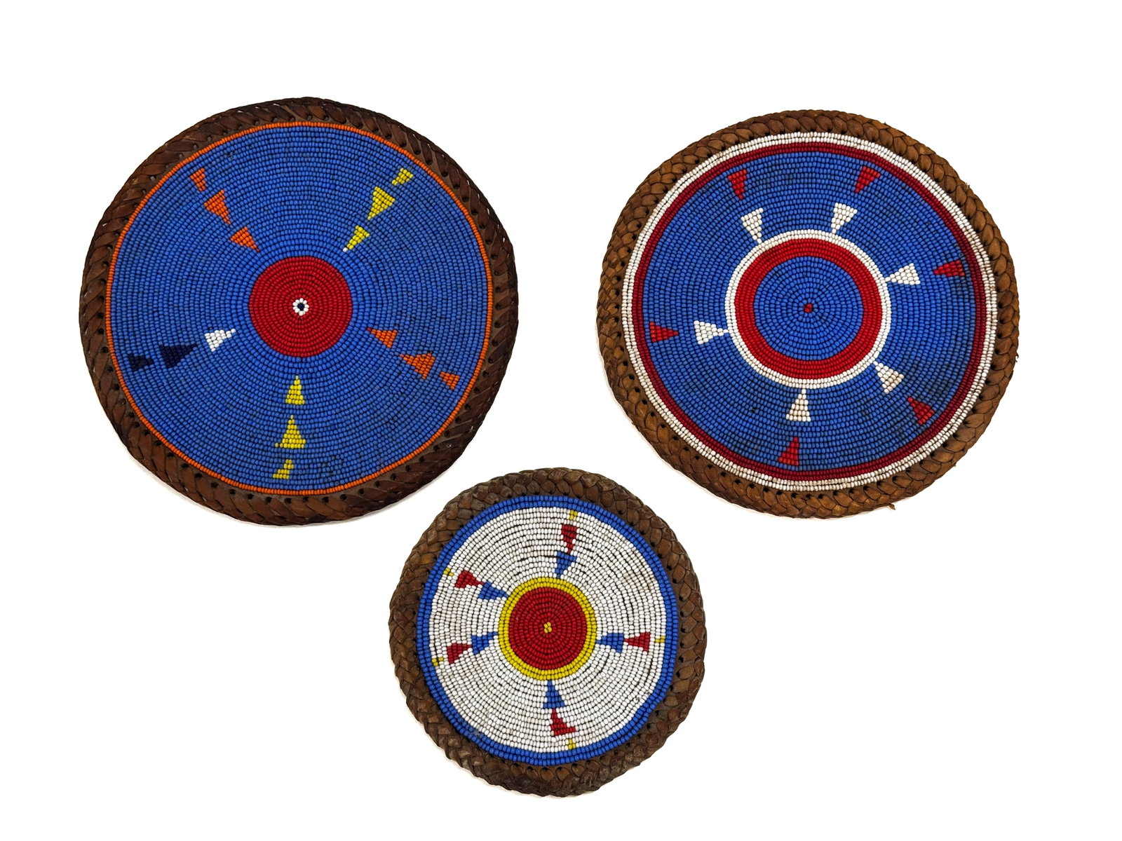 Native American Glass Beaded & Leather Trivets: 5.75", 8" and 8". From Camp Deerlands, Whitney Park