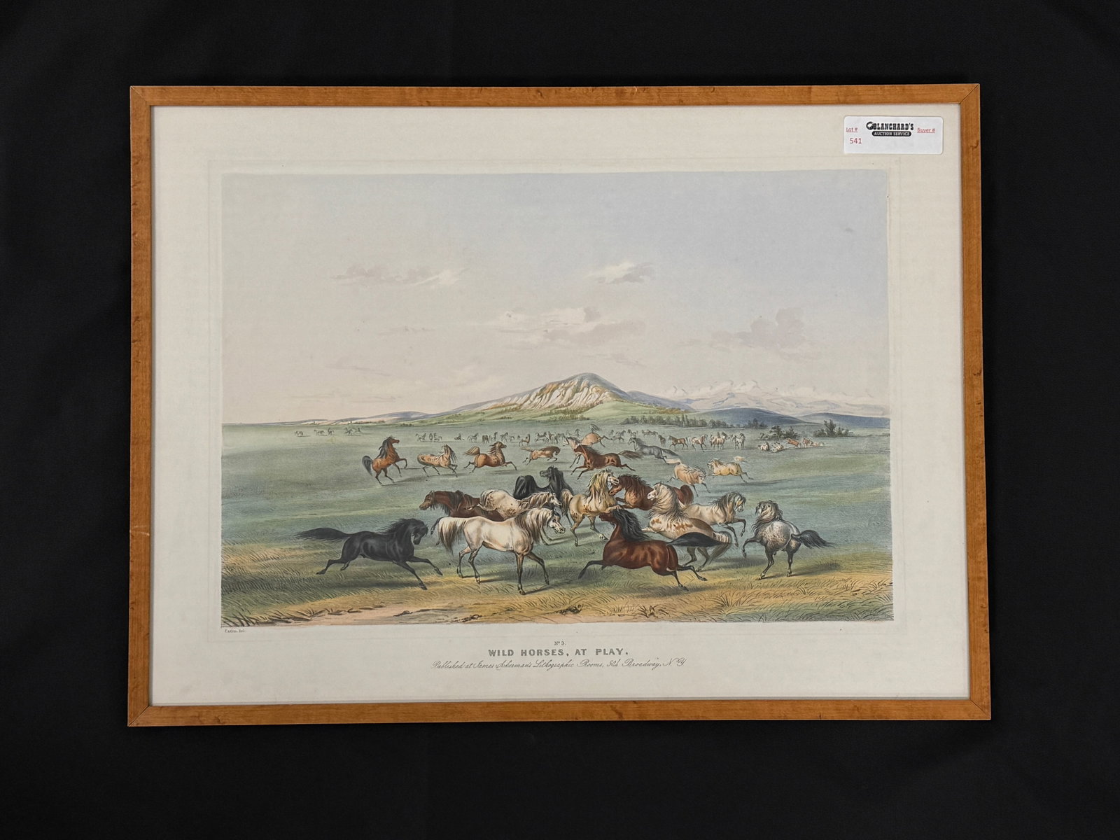 George Catlin (American, 1796-1872) Wild Horses: "Wild Horses, At Play" Hand Colored lithograph published by James Ackerman's. Framed and under glass. Appears to have some foxing and needs cleaning on inside of glass. Image size 12" x 17.75" Frame s