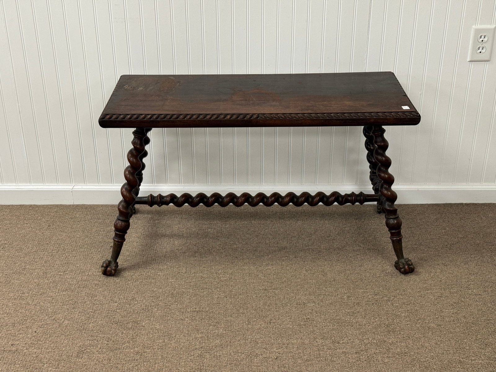 Hunzinger Mahogany Bench with Ball & Claw Feet: unsigned and attributed to. 36" wide x 16" deep x 21" tall. Wear to finish on top.