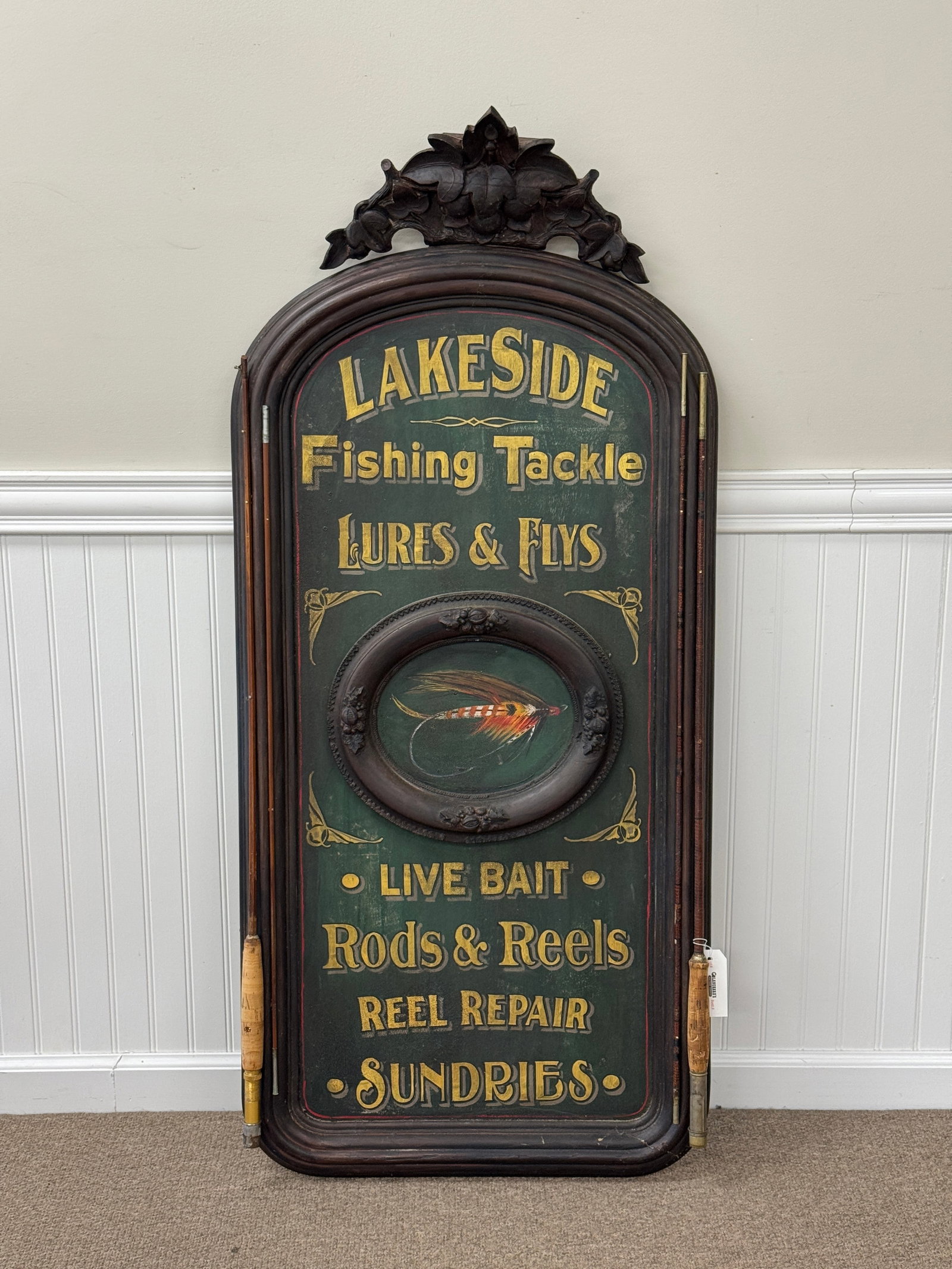 Lakeside Fishing Tackle Trade Sign: custom made hand painted fishing sign. 23" wide x 51"
