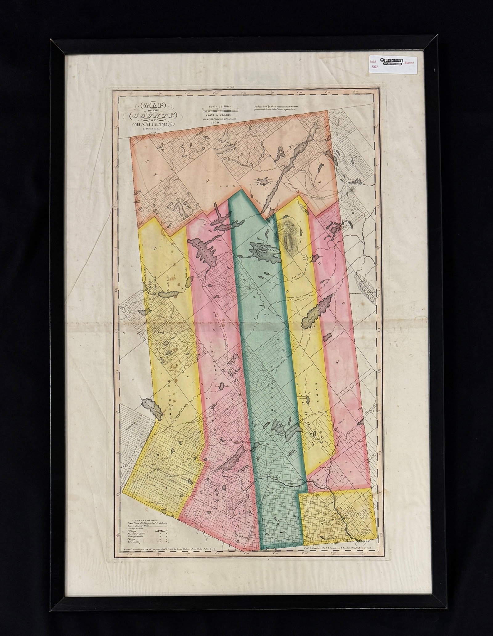 1839 Map of Hamilton County New York: by Stone and Clark. Hand colored. 21.25" x 31.25". From Camp Togus, Whitney Park.
