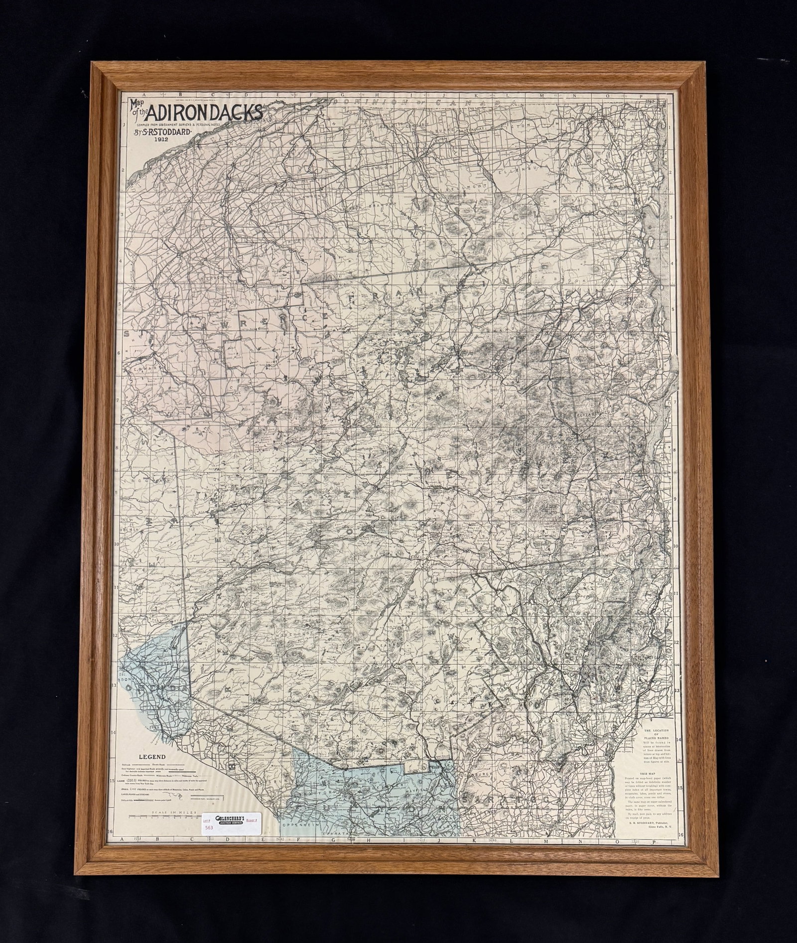 Adirondack Map Seneca Ray Stoddard 1912: in an oak frame. 28" x 37". From Camp Togus, Whitney Park.