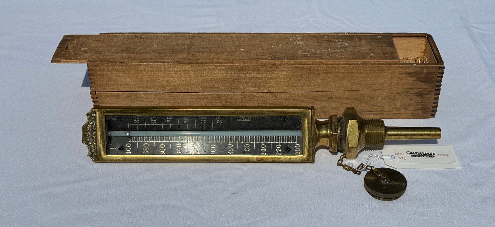 Brass Steam Gauge by Tagliabue Mfg. Co. NY: like new condition. 16" tall. In original wooden shipping box.