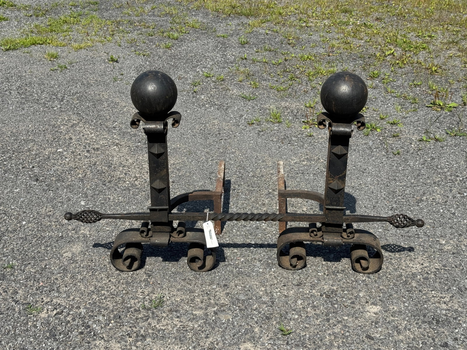 Arts & Crafts Cannonball Wrought Iron Andirons: includes hand forged cross bar. 25.5" tall.