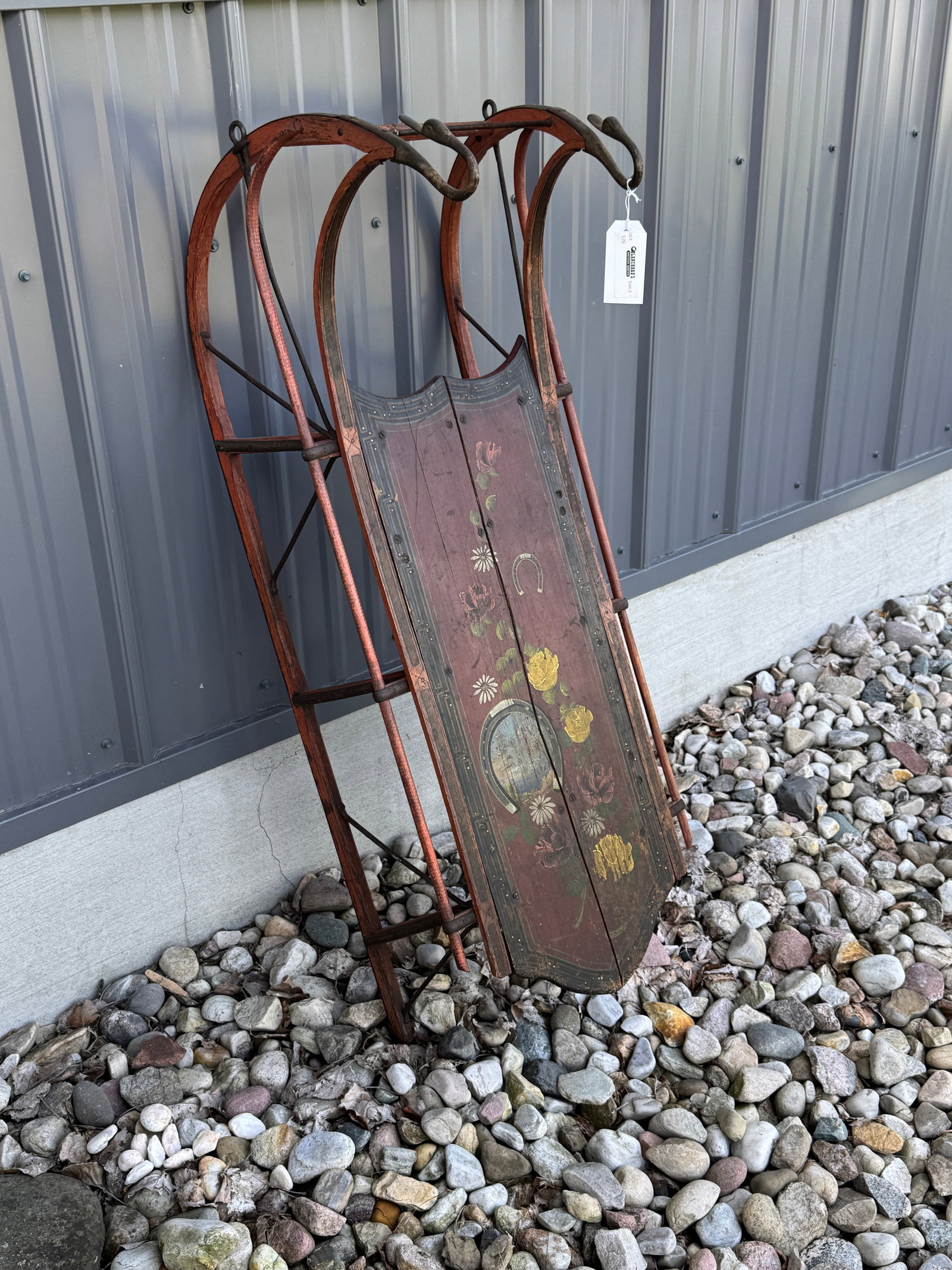 Hand Painted Runner Sled with Swans: from the late 1800s. Painted with flowers and horse shoes. Original paint on deck. 43" long.