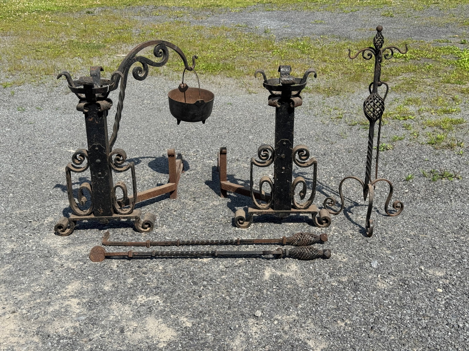 Massive Hand Forged Andirons w/ Swinging Crane (1 of 4)