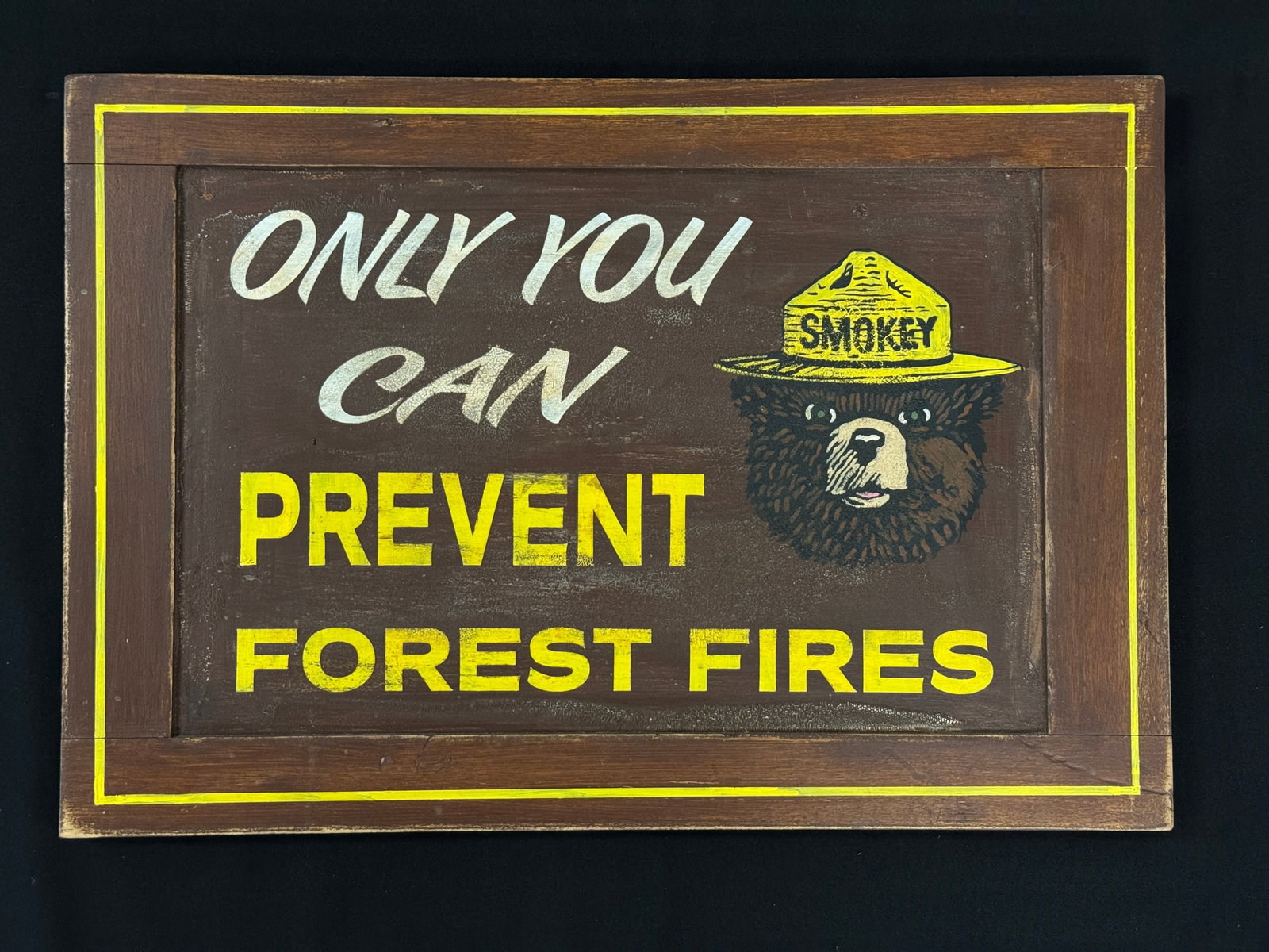 Smokey the Bear Forest Fire Hand Painted Sign: on panel. 23.5" x 16". Single sided.