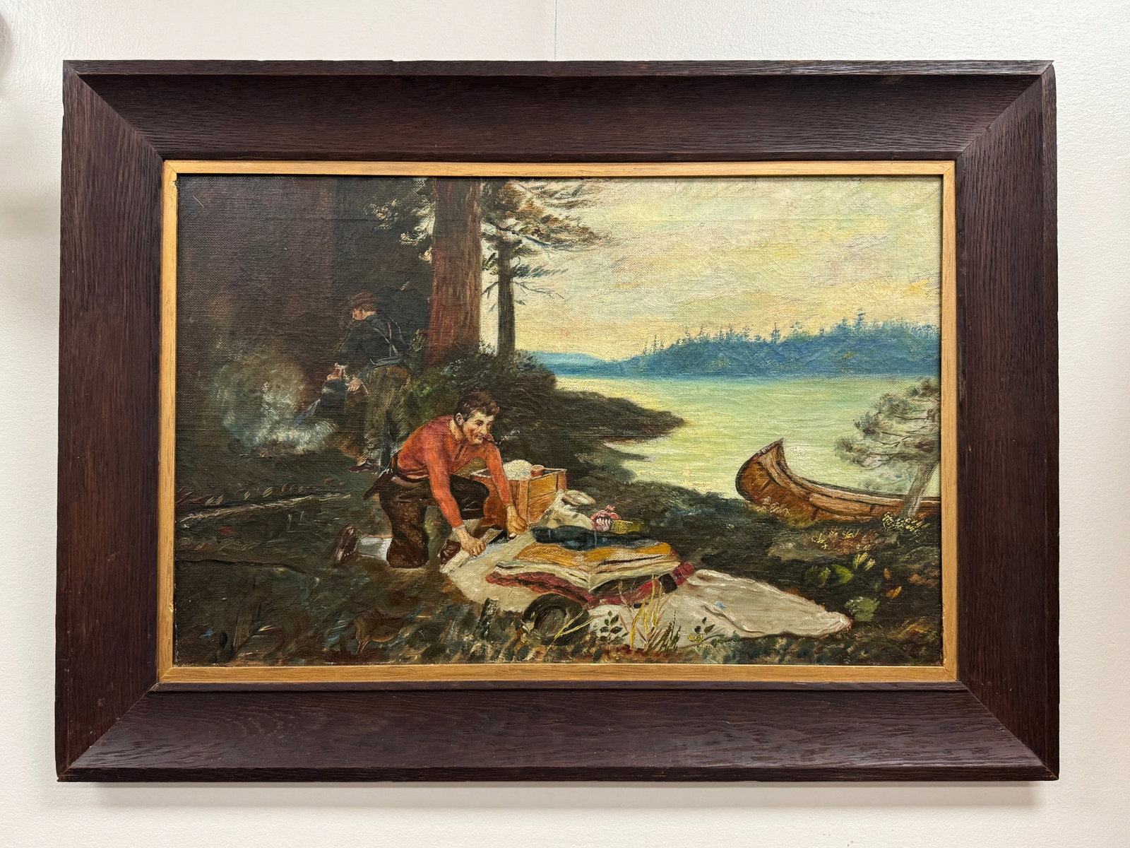 Adirondack Camping Scene Oil on Canvas Painting: in an oak Arts & Crafts Frame. 25.5" x 35.5" Signed in top left corner, Illegible.