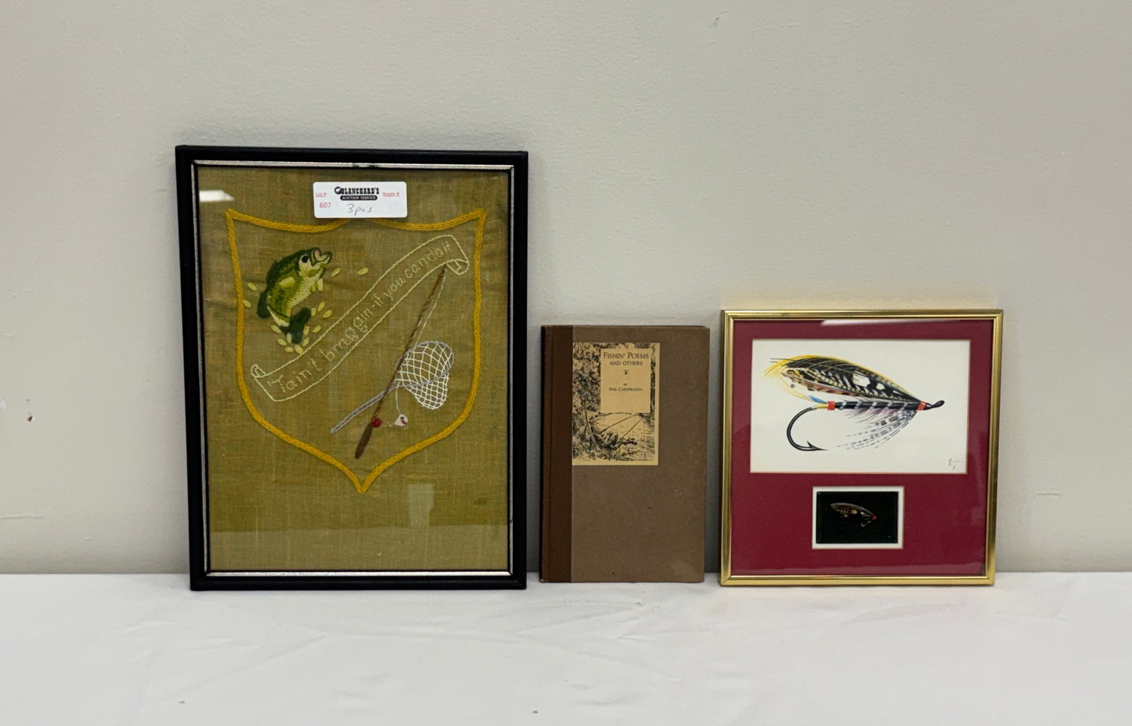 Framed Fly, Signed Fishing Book & Embroidery: Fishing Poems by Phil Carspecken, Signed 1931.