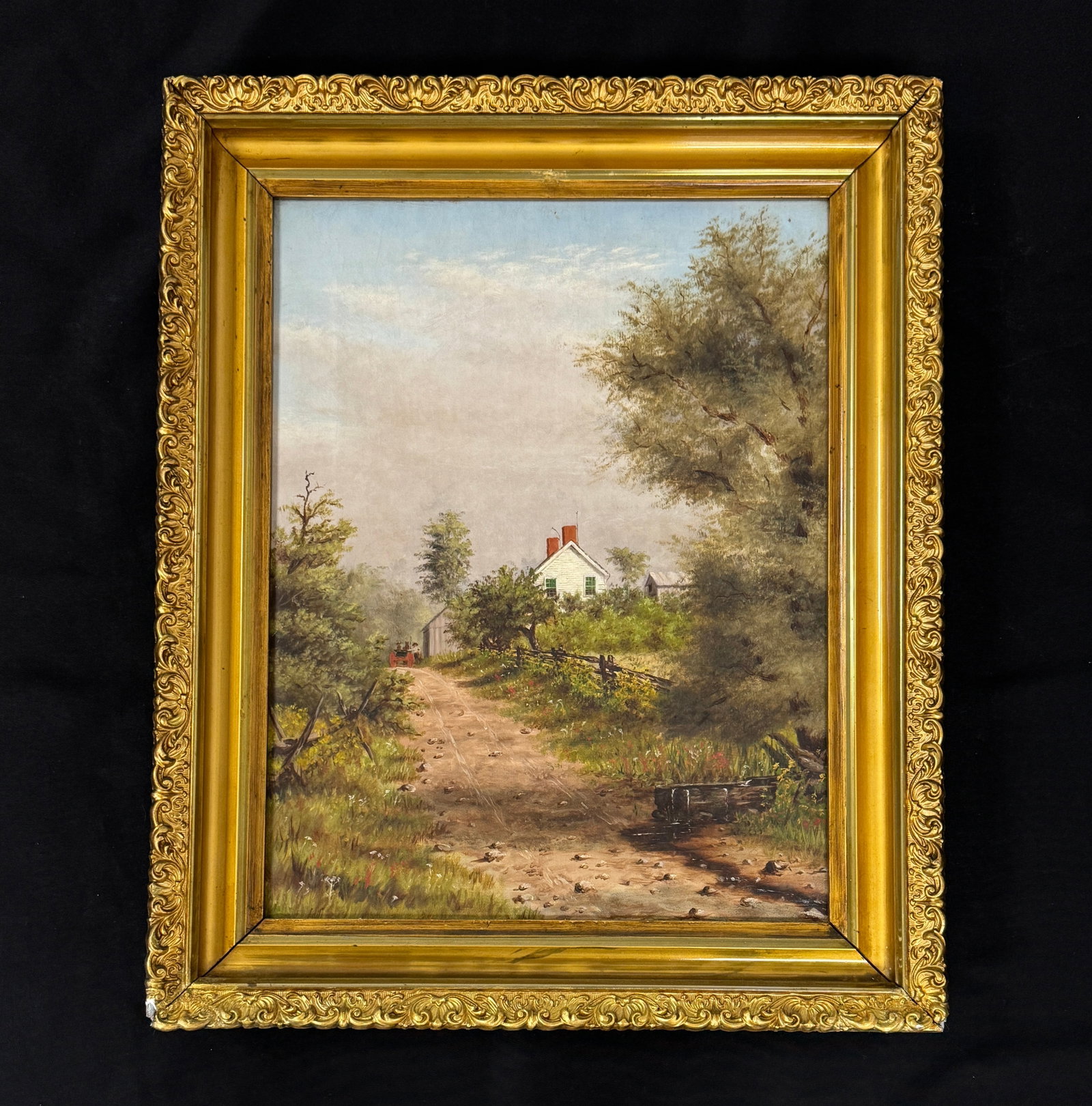 New England Scene Oil on Canvas Painting: unsigned in a gold frame. 18.5" x 22.5"