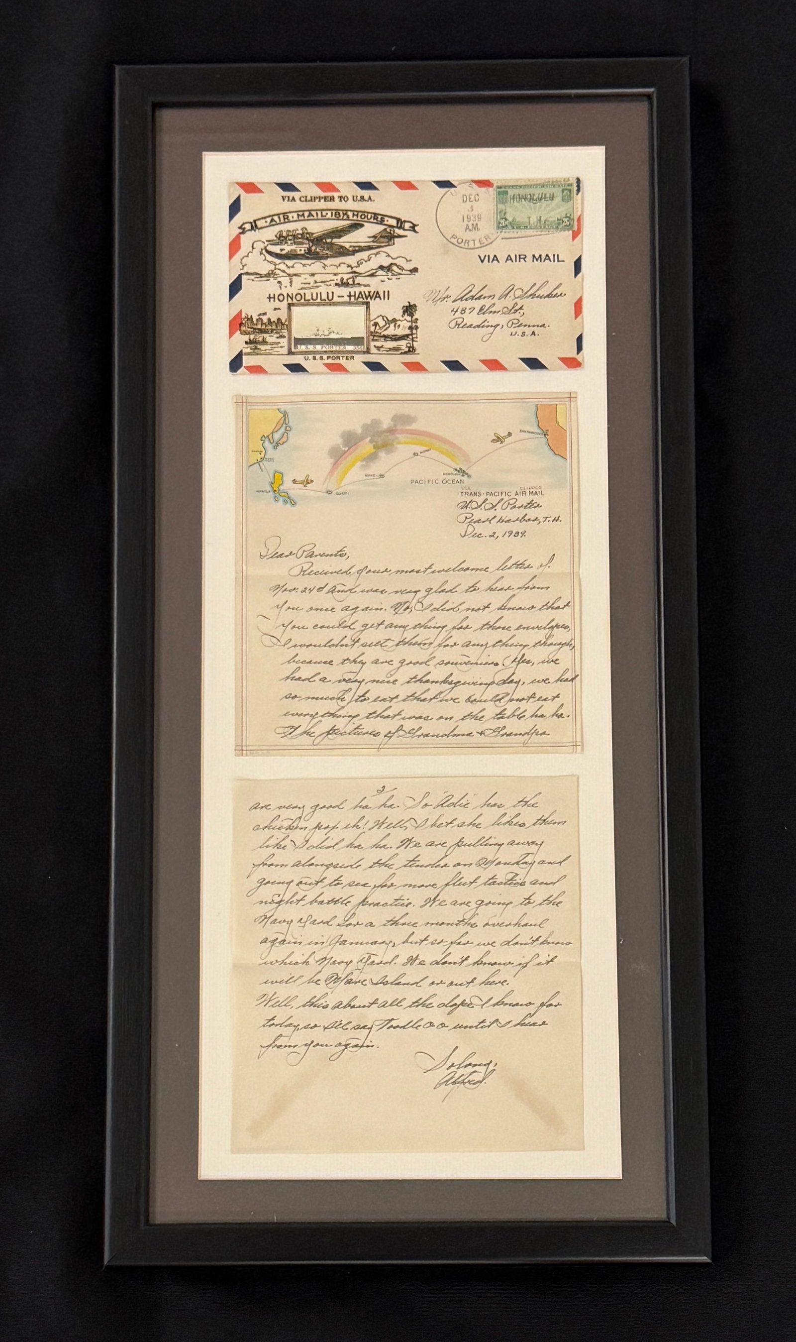 Letter From Pearl Harbor Dec. 2, 1939: Mailed from U.S.S. Porter, Pearl Harbor from solider to parents. Framed letter with envelope. 10.5" x 22" . From Camp Togus, Whitney Park.