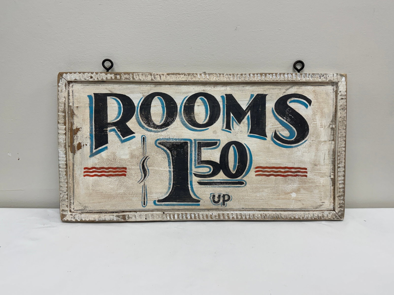 "Rooms $1.50 up" Hand Painted Wooden Sign: Single Sided. 13" x 24"