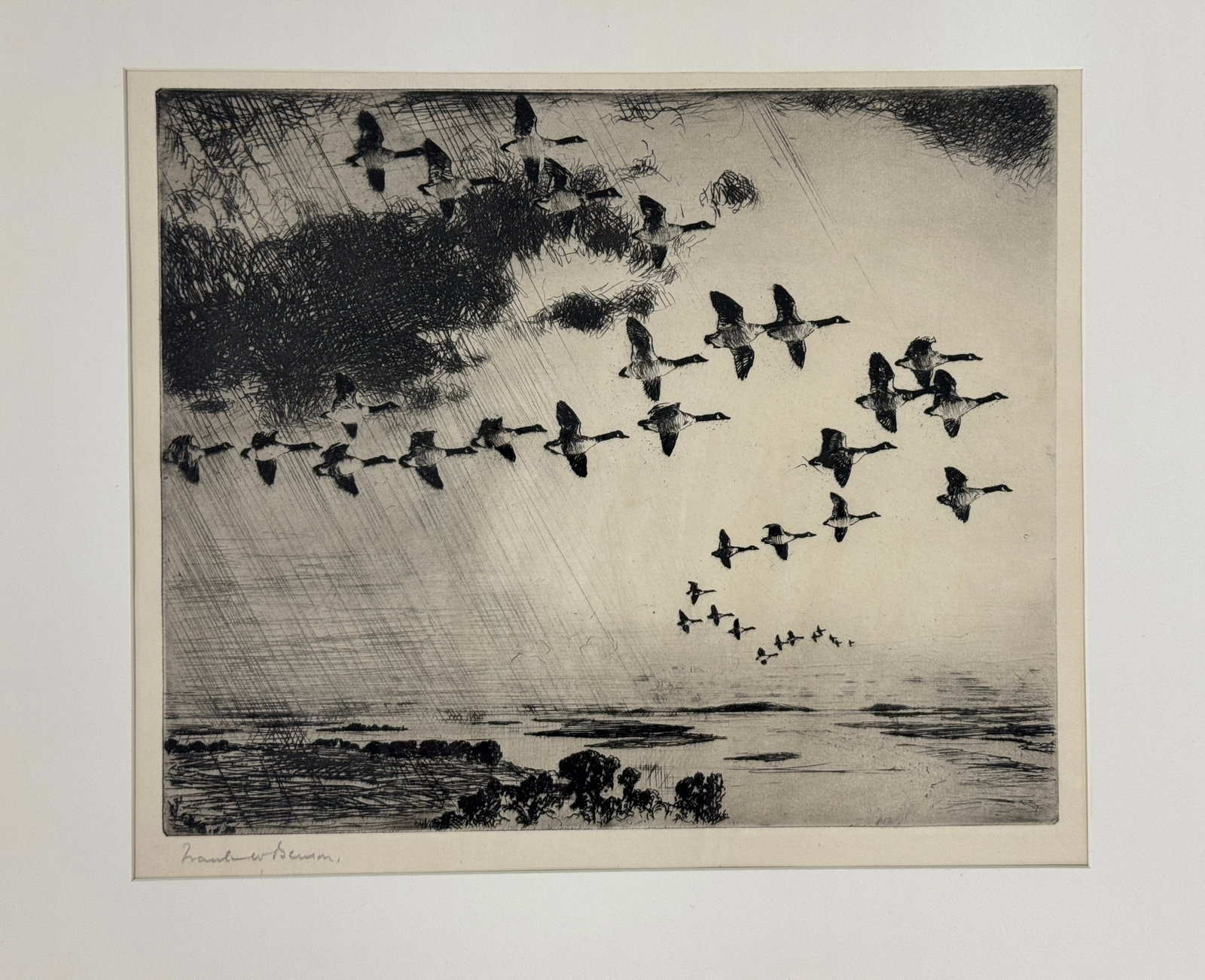 Frank W. Benson "The Long Journey" Etching: signed and dated 1926. Matted and unframed. 16" x 20". From The Estate of Dr. Dean Hyde.
