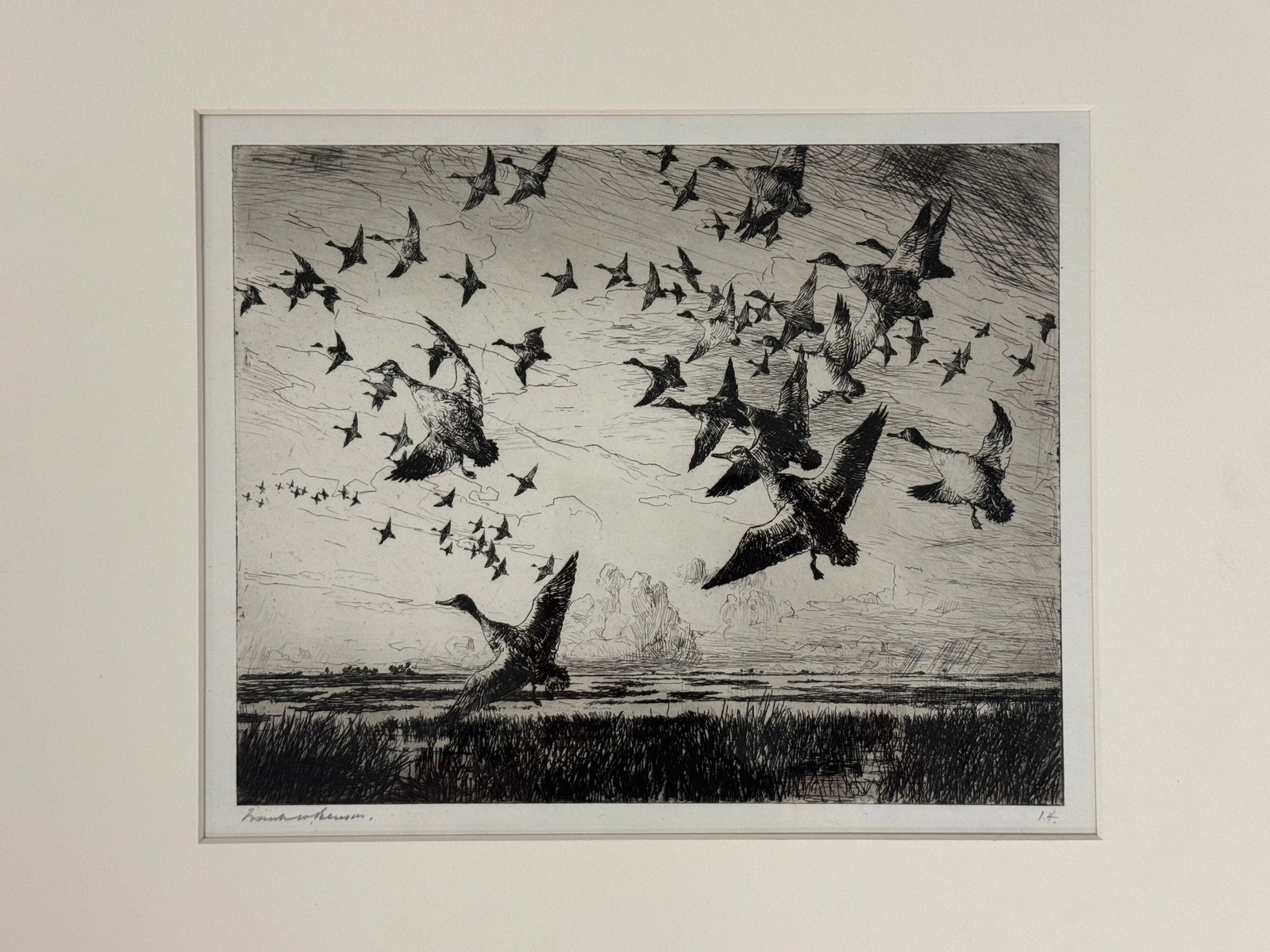 Frank W. Benson "Morning Flight" Etching: artist signed. Matted and unframed. 16" x 20". From The Estate of Dr. Dean Hyde.