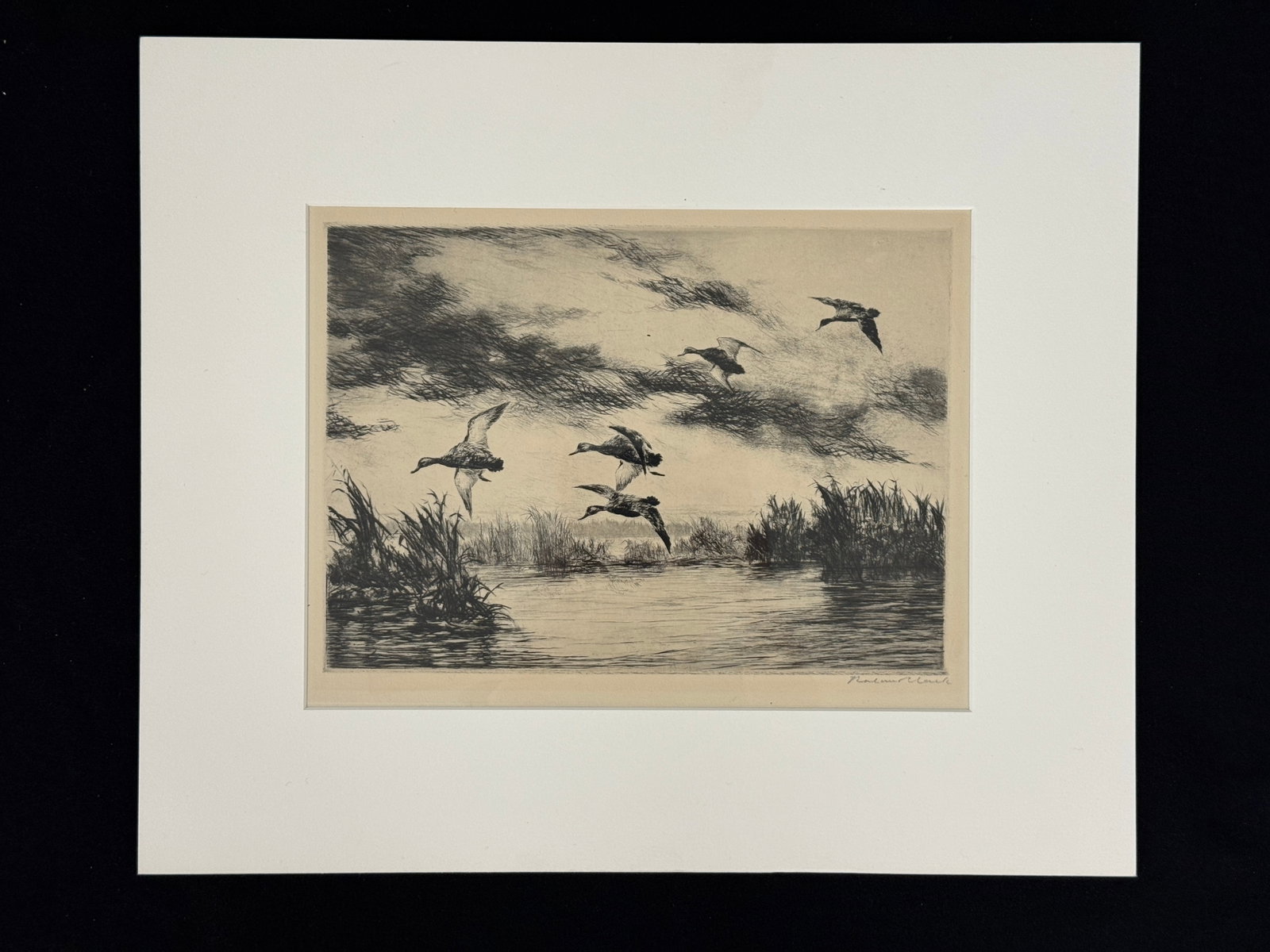 Roland Clark "The First Flock" Etching: matted and unframed. Artist signed. 18" x 15". From The Estate of Dr. Dean Hyde.