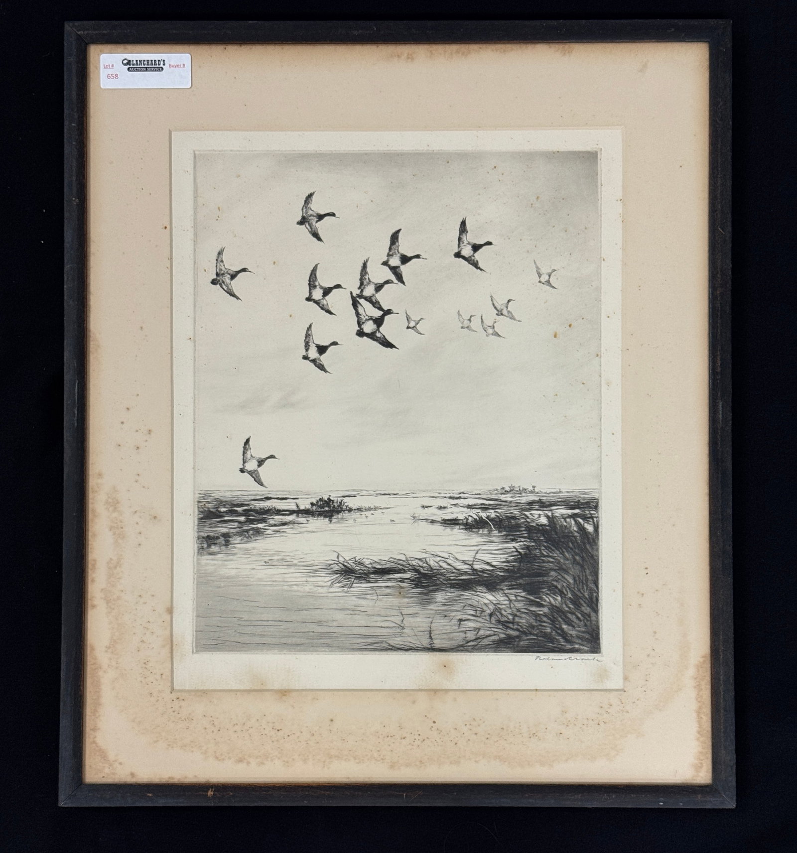 Roland Clark "Flaring Off" Etching: framed and matted. Matting needs to be replaced. Original label on back. 19.25" x 22.75". Etching appears to be in good condtion however, glass needs to be cleaned on inside. From The Estate of Dr.