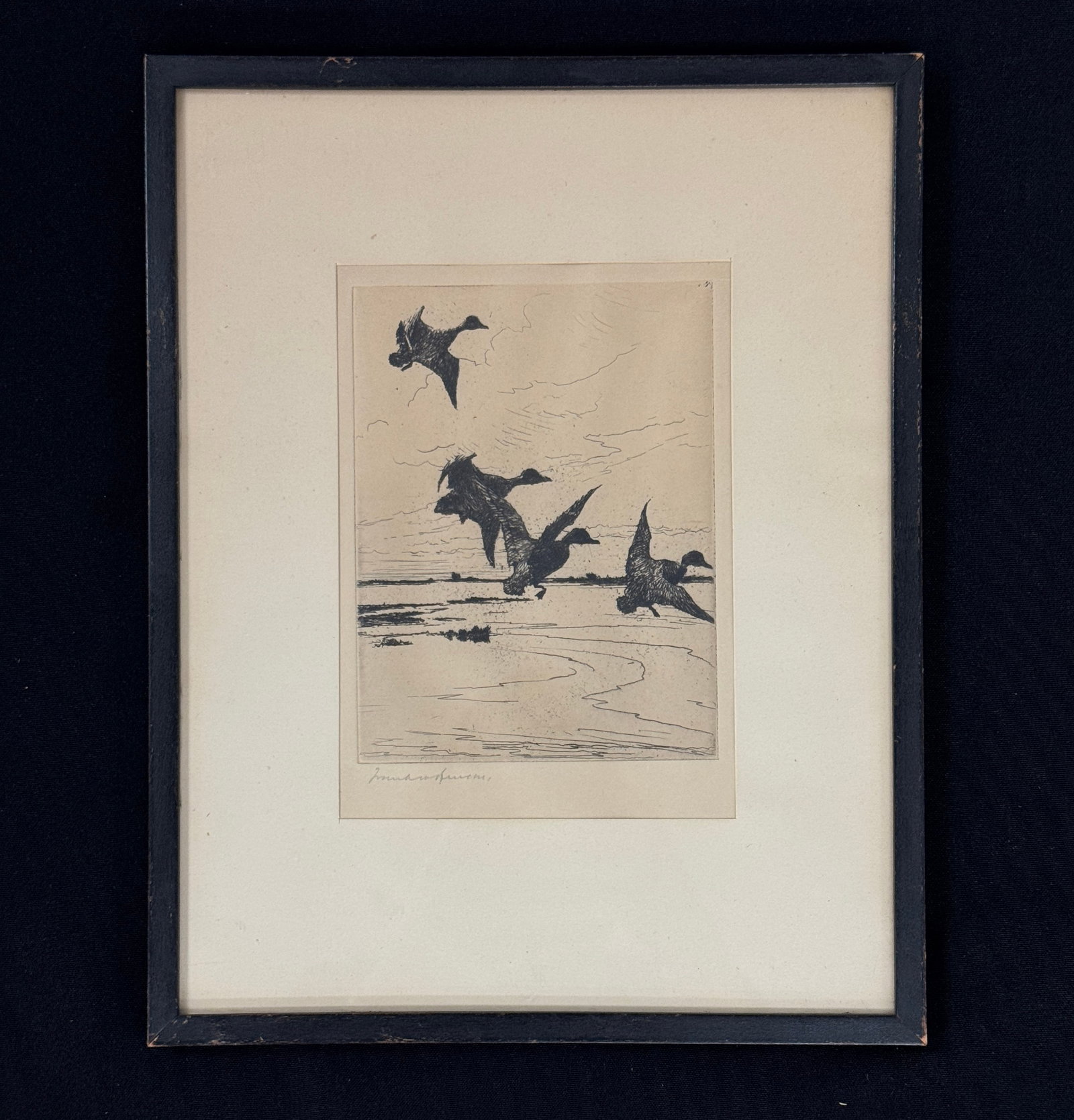 Frank W. Benson "Ducks Alighting" Etching: artist signed. Framed and matted. 9.5" x 12".