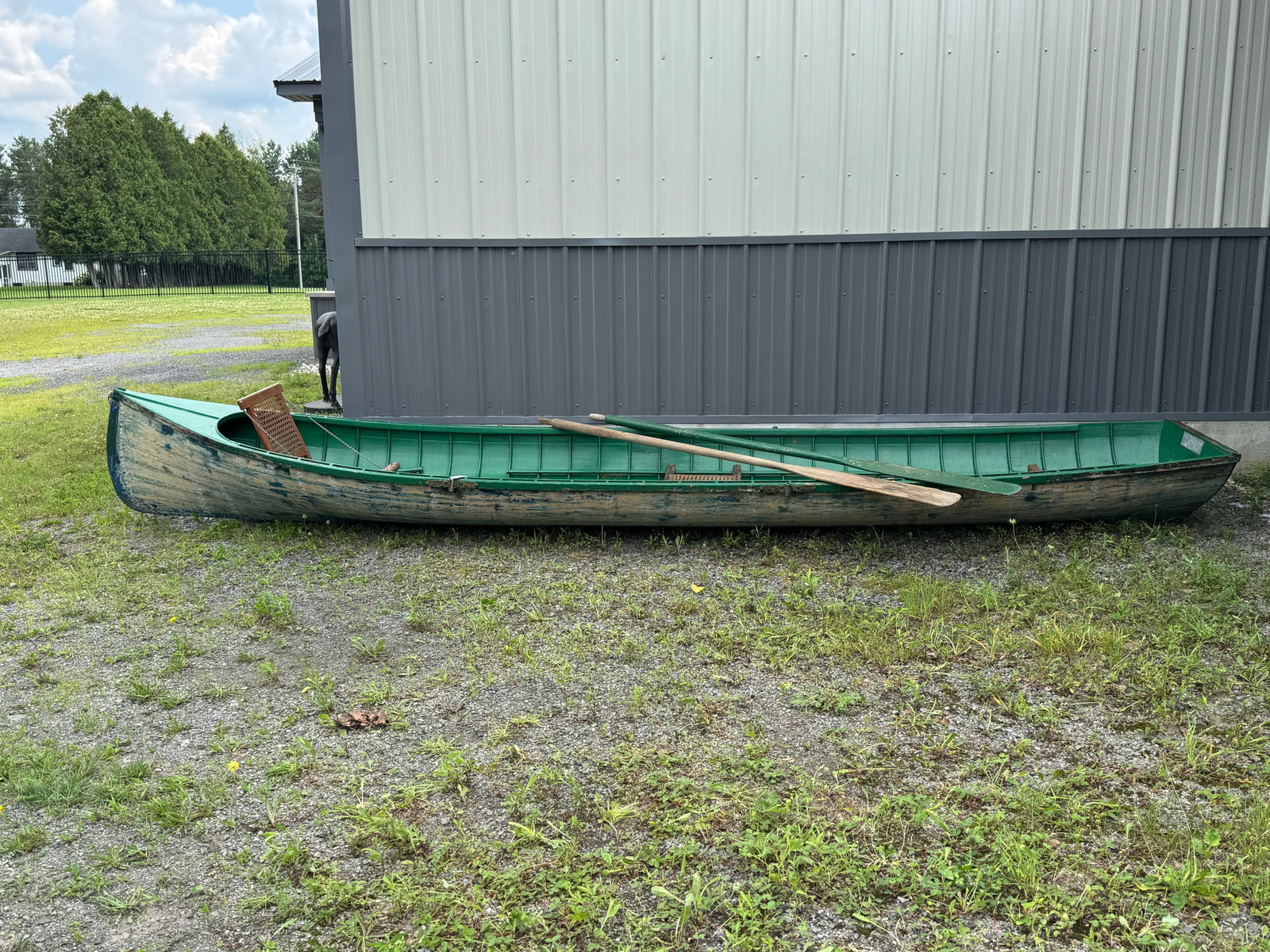 Adirondack Guide / Freight Boat - 16' long: square stern, painted inside and out. Solid boat, needs restoration. From Whitney Park, Adirondacks.