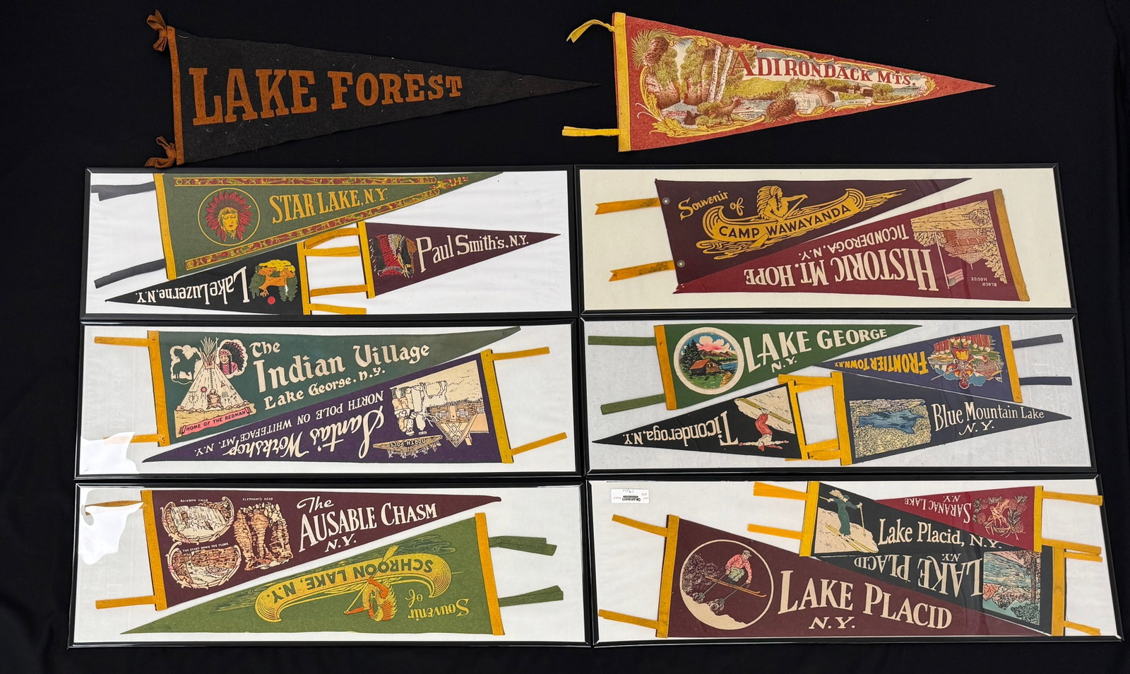 Collection of 19 Adirondack Felt Pennants: Lake Placid, Blue Mountain Lake, Lake George, Saranac Lake, Schroon Lake, Lake Forest, Paul Smiths, Star Lake and more.