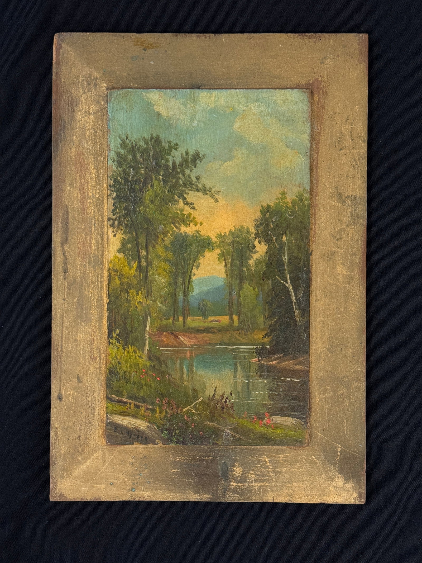 "On the Schroon River" Oil Painting: on wooden panel. inscribed on back and dated 1885. 8" x 12".
