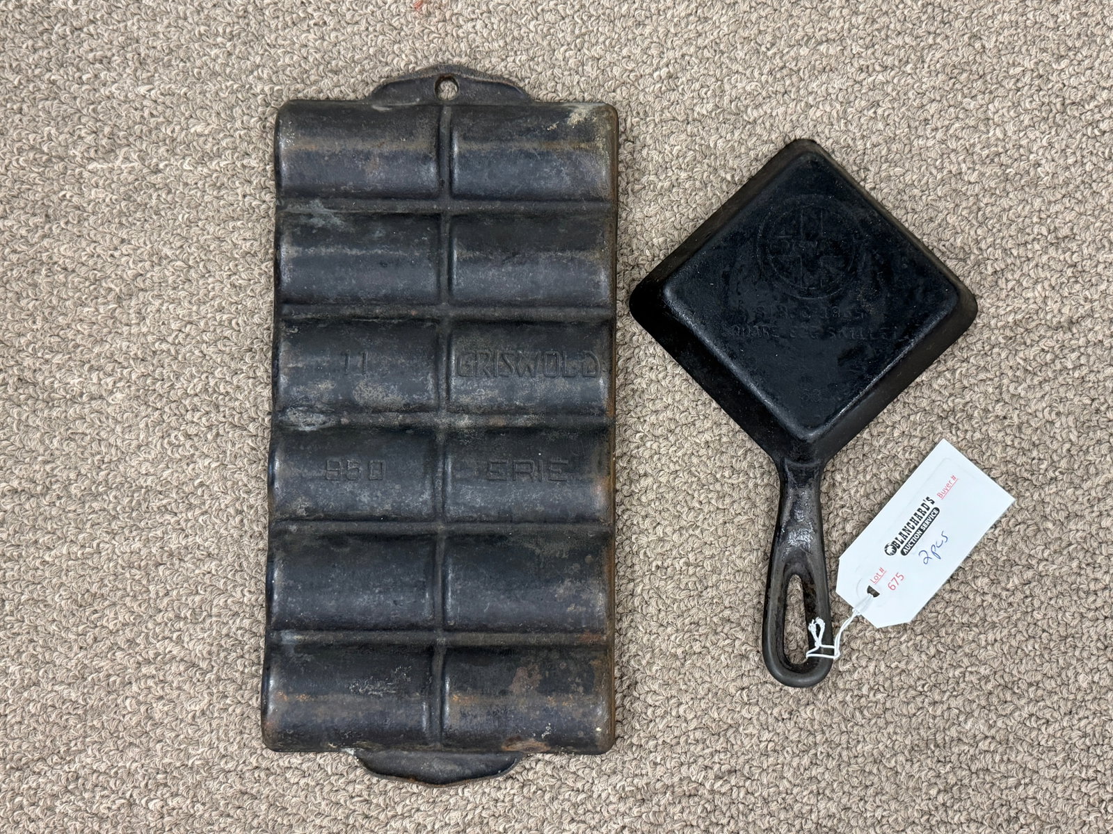 Cast Iron Griswold Cookware: Square Egg Skillet and a No. 950 bread mold.