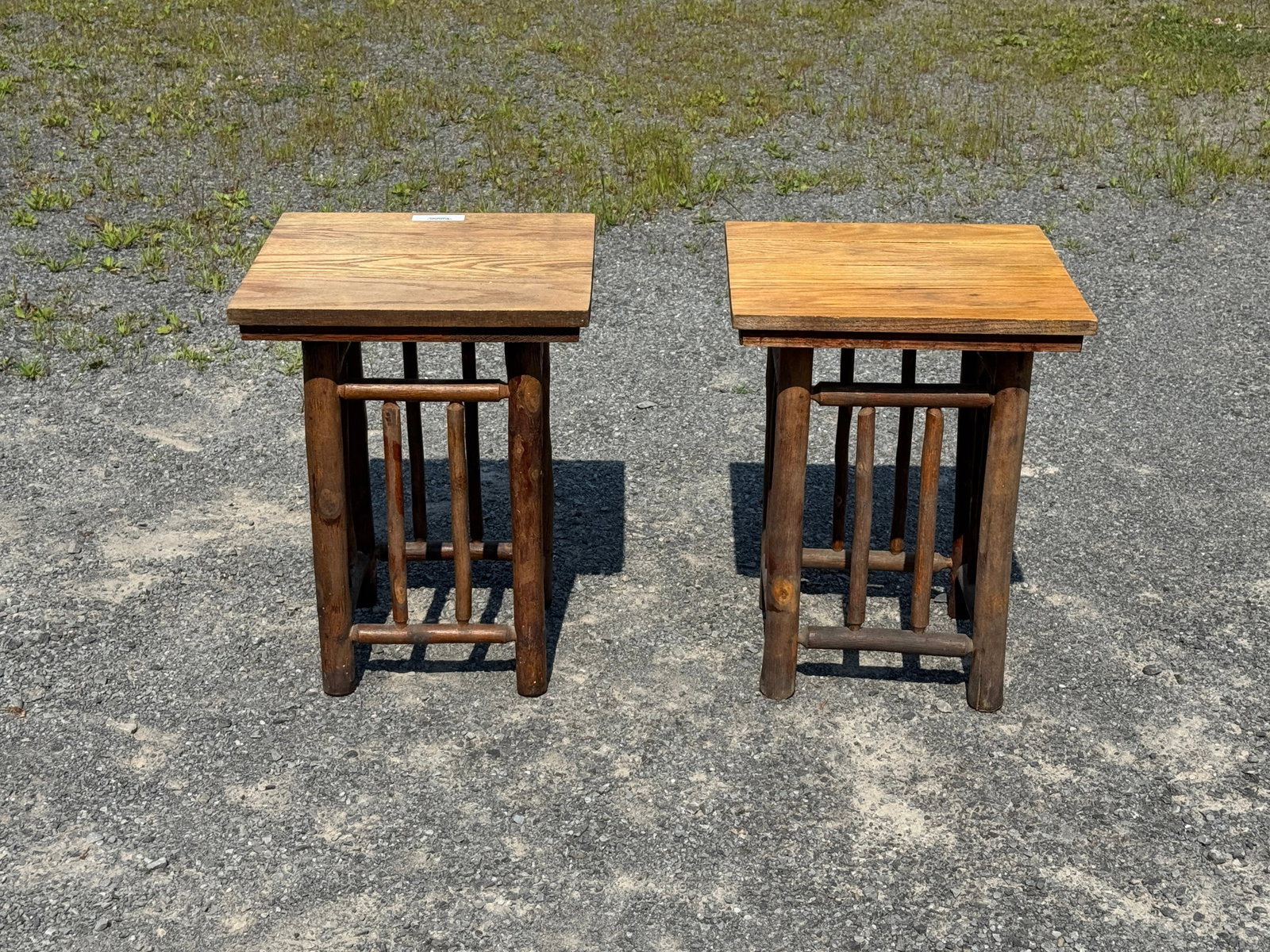 Pair of Old Hickory Branded Taboret Stands: 16" square top, 21" tall. From Camp Togus, Whitney Park.
