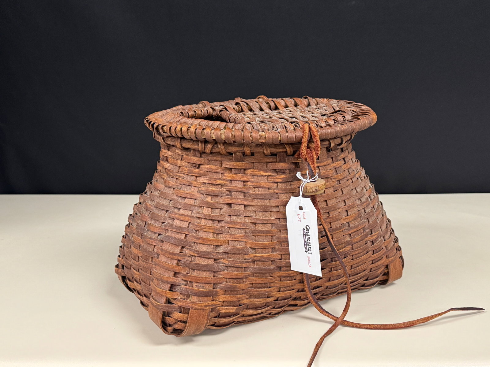 Jack Leadley Adirondack Fishing Creel: Speculator, NY. 14.5" wide. Leather shoulder strap.