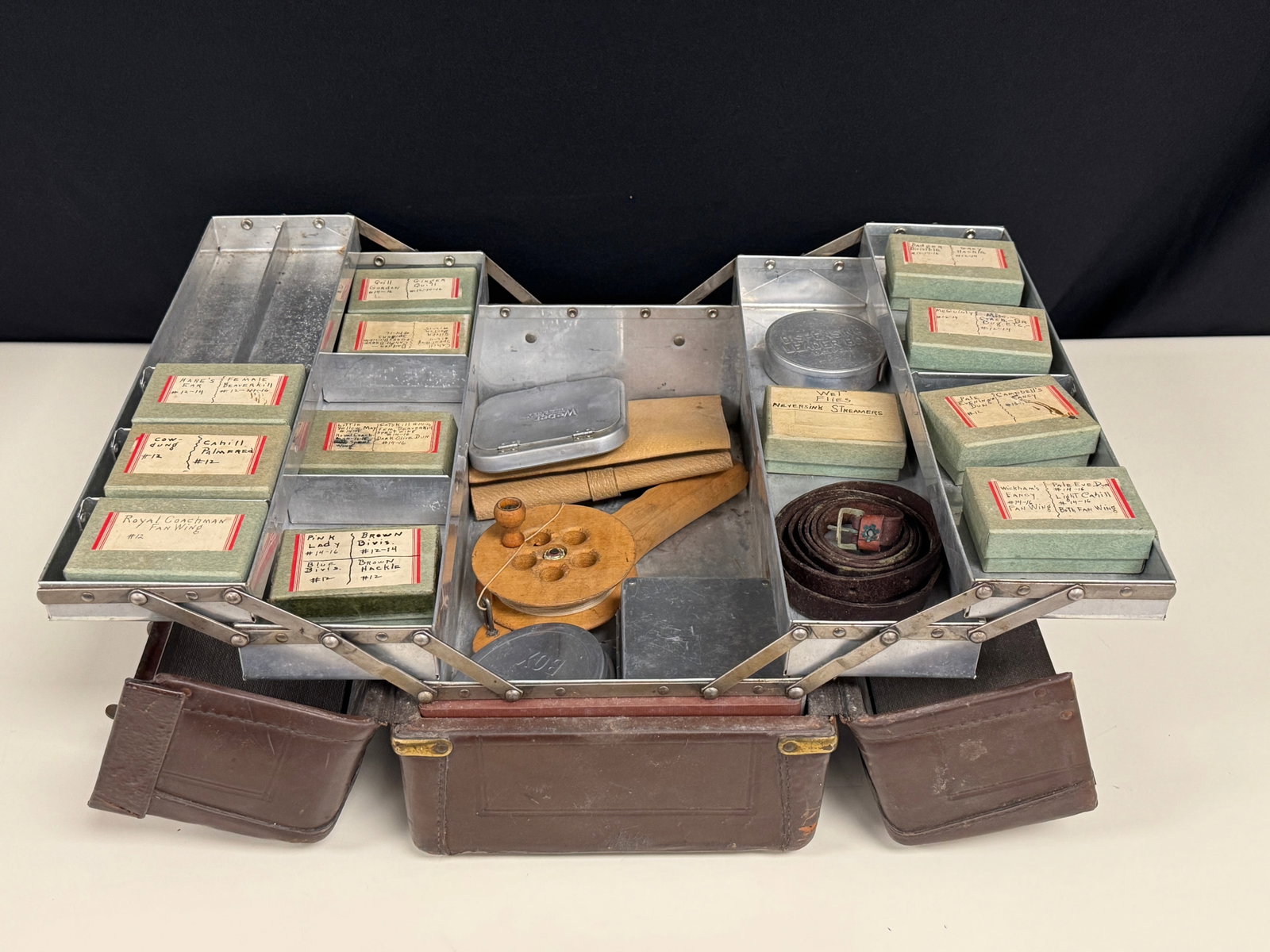 Vintage Leather Tackle Box w/ Hand Tied Flies: 16" long.