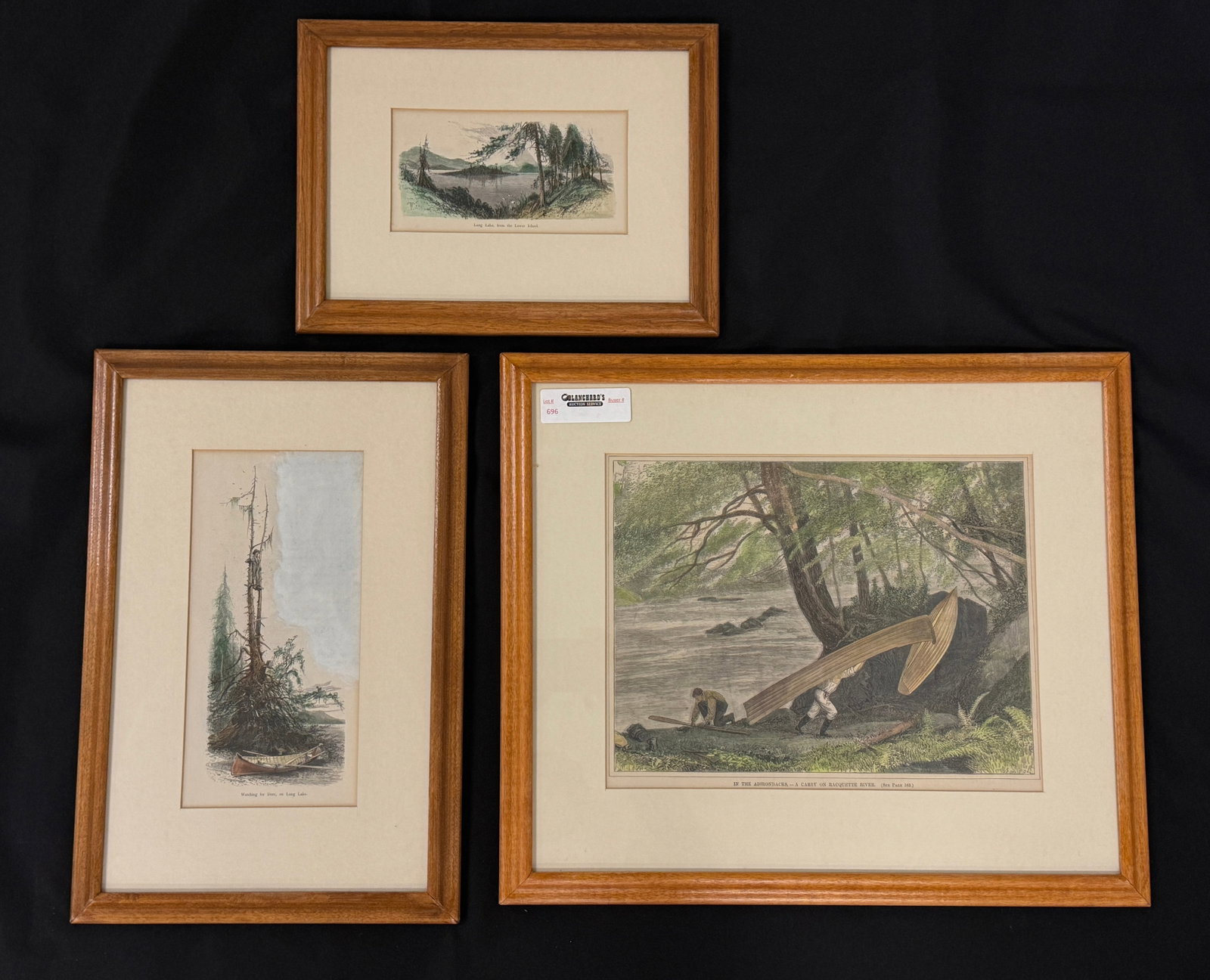 3 Framed Adirondack Prints: From Whitney Park. "A Carry of Raquette River" and the other 2 are of Long Lake, NY. Largest is 18.25" x 15.75"