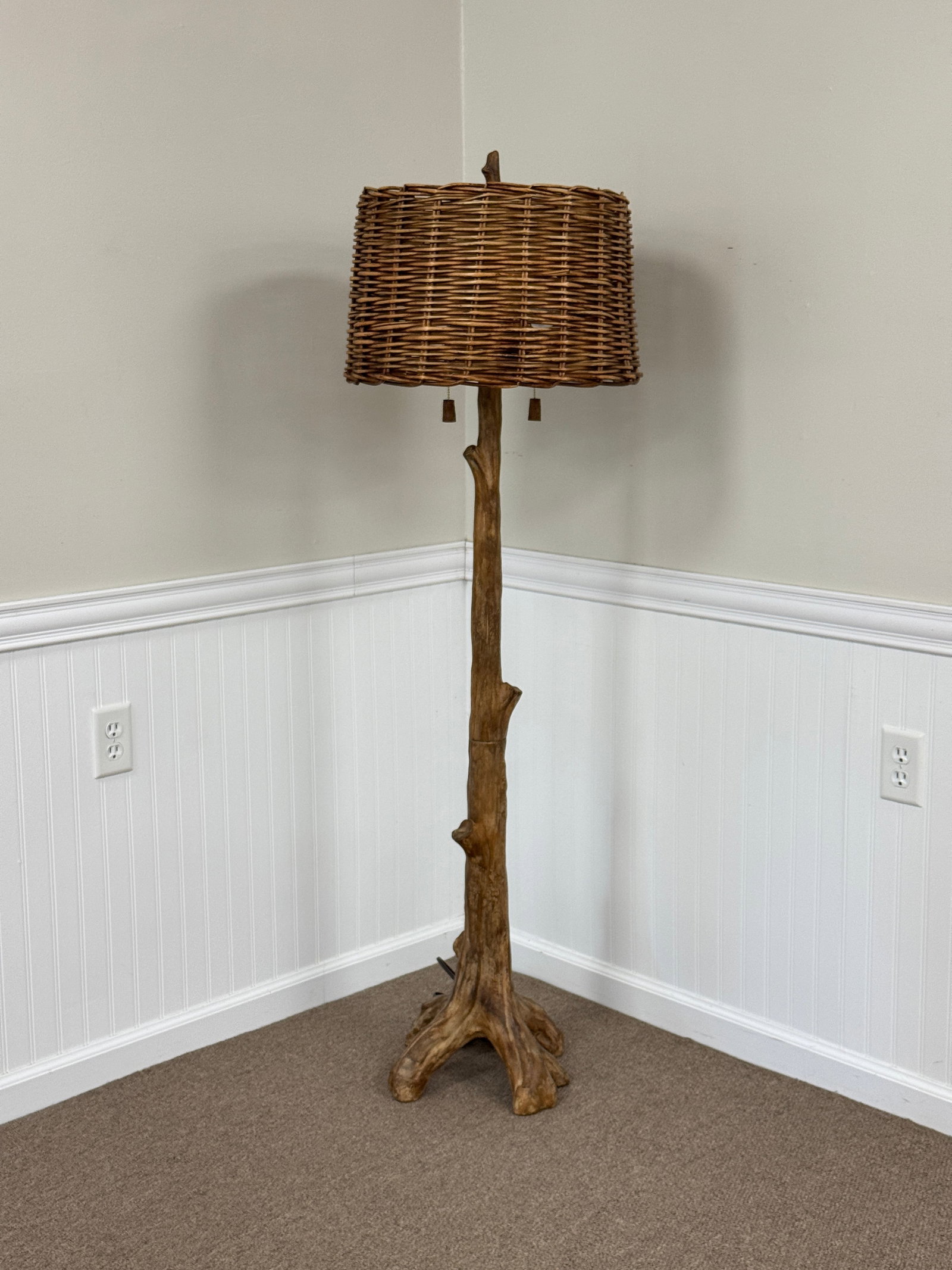 Faux Wood Rustic Floor Lamp with Wicker Shade: 6' tall with 18" diameter shade.Contemporary lamp. From Camp Deerlands, Whitney Park.