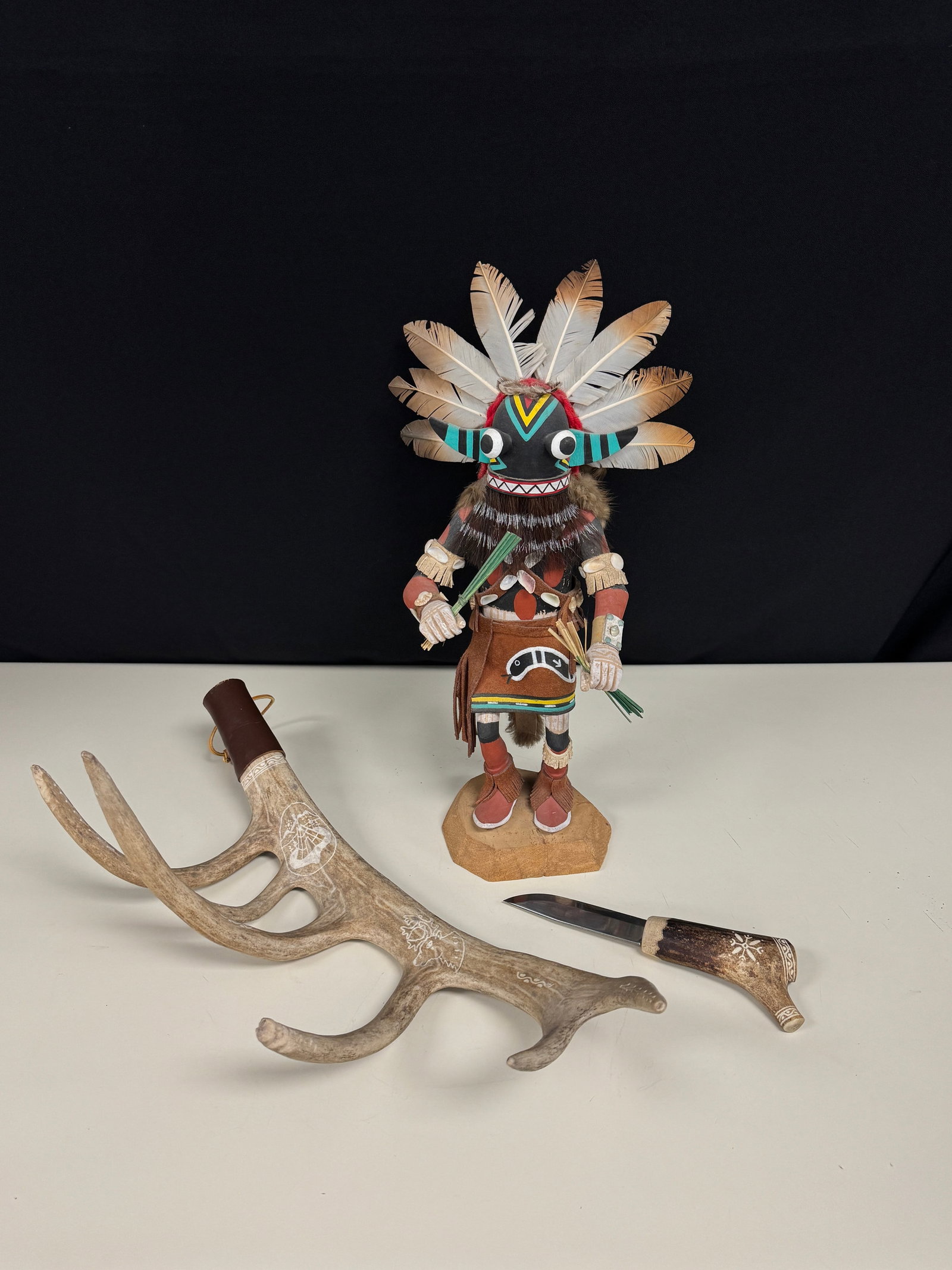Native American Kachina Doll & Antler Knife: caribou antler knife.