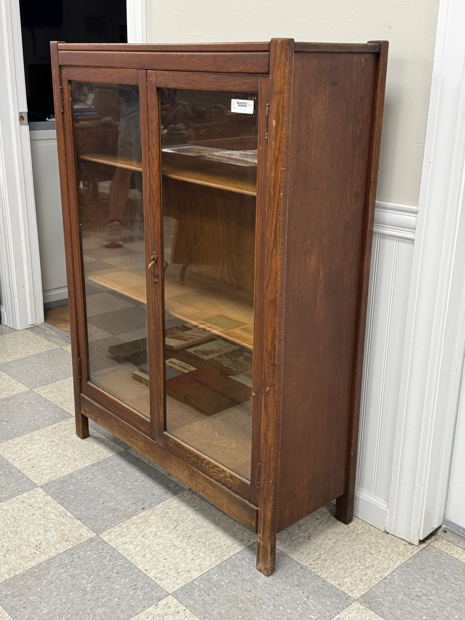 Mission Oak 2 Door Bookcase: original varnish, 36" x 48" x 12.5". Needs refinishing.