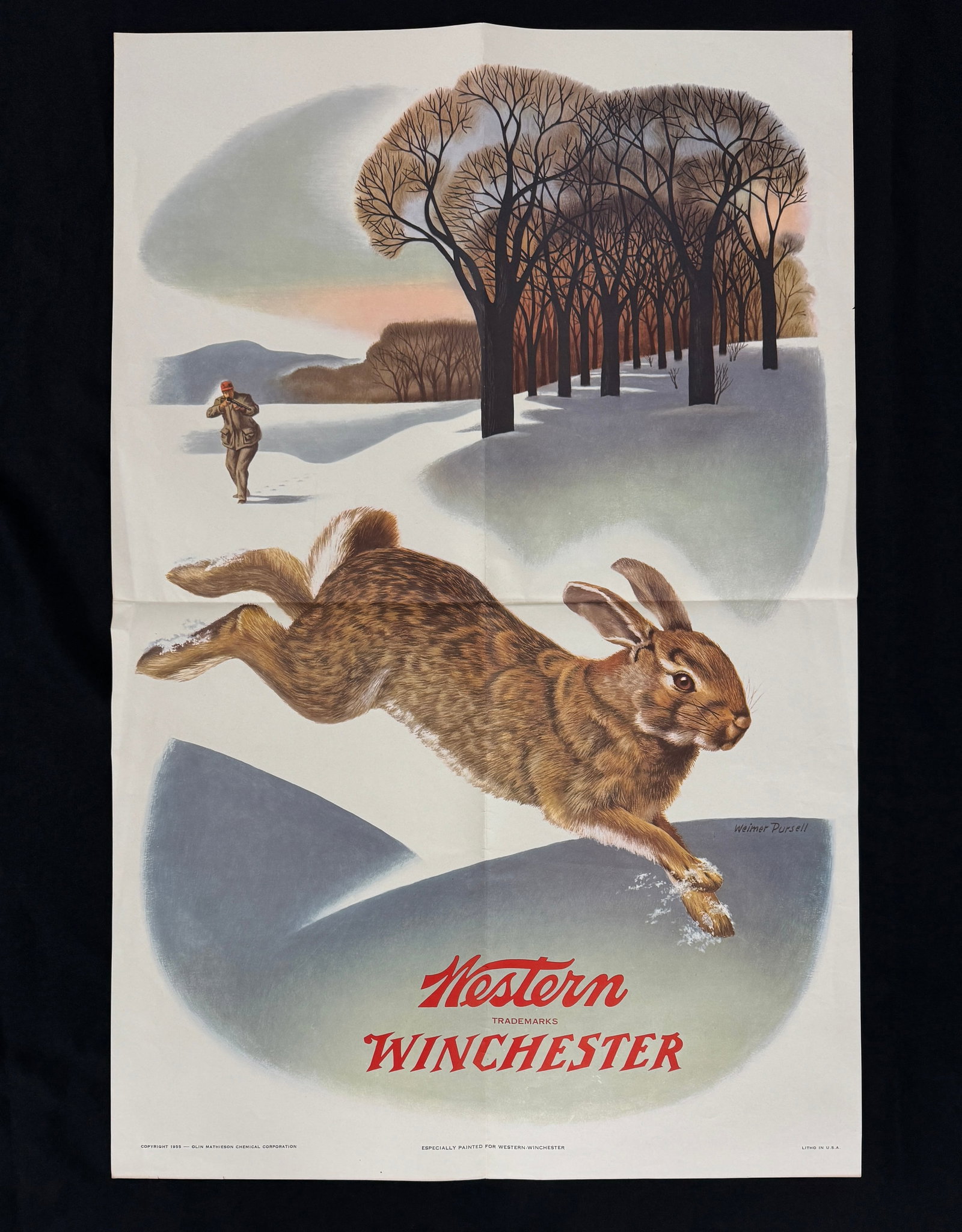 Western Winchester Advertising Poster: unframed. 1955. Measures 26" x 40". Excellent condition, crease from being folded in quarters. Winter Scene with rabbit.
