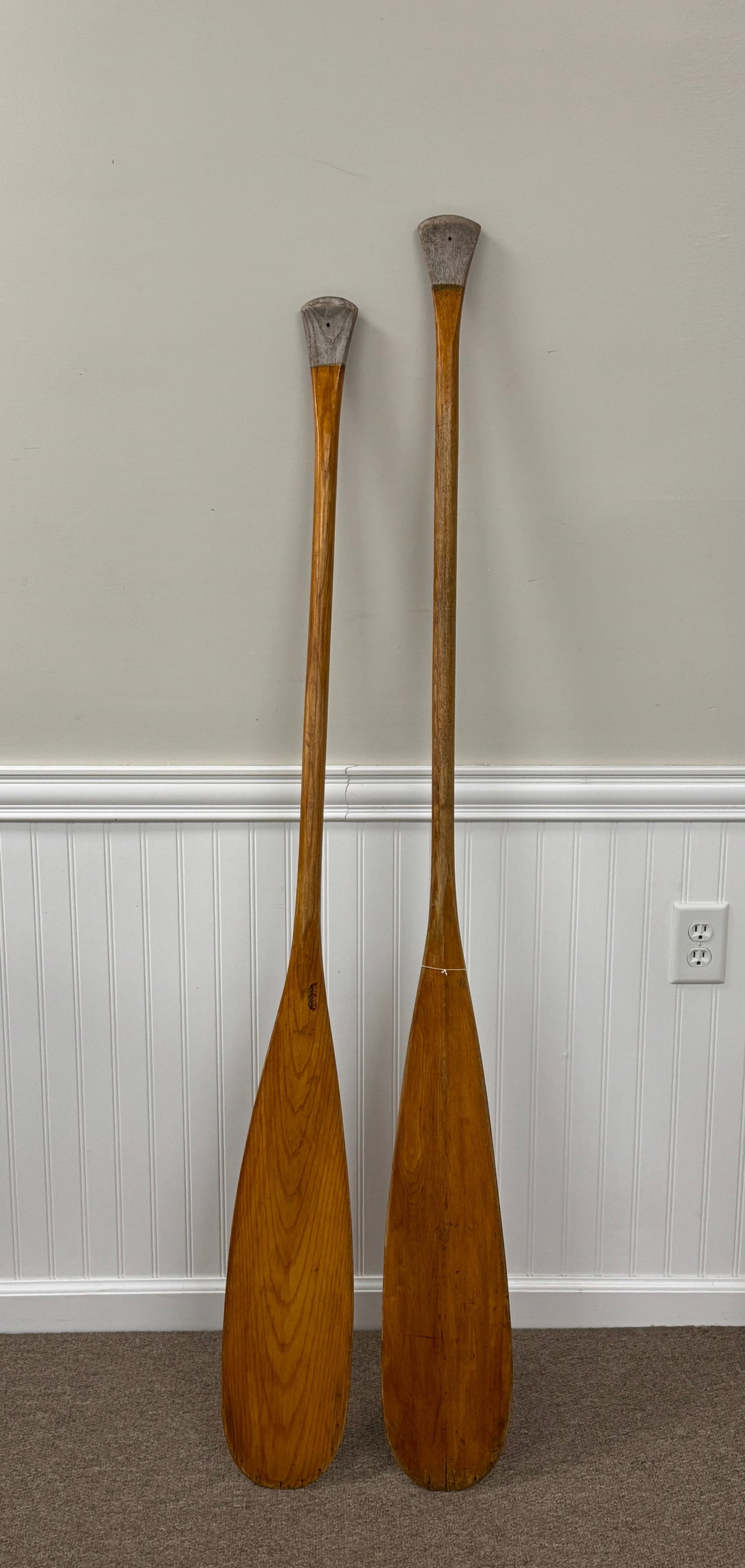 Pair of Old Town Canoe Paddles: made of ash, varnished, 63.5" and 60"